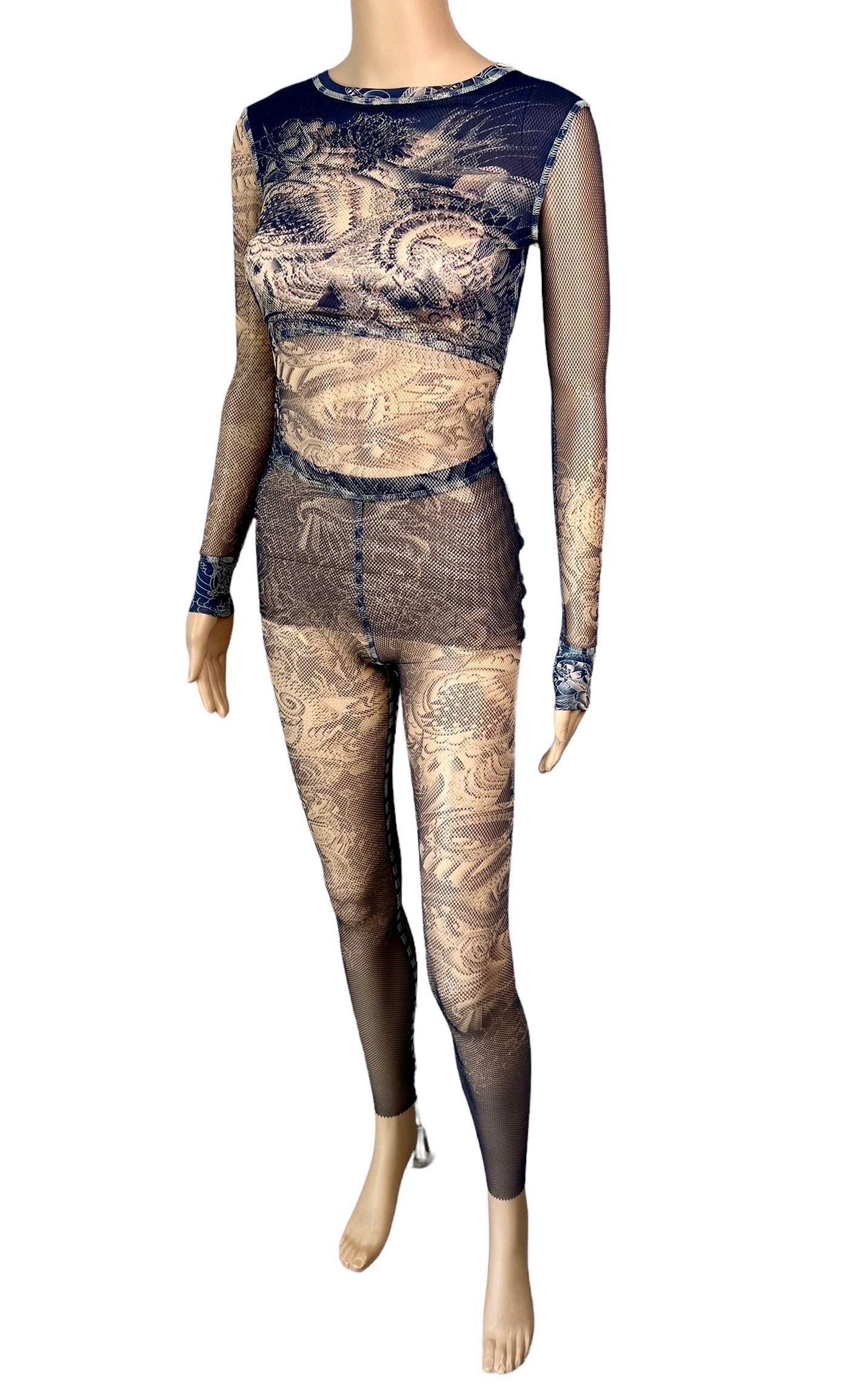 Jean Paul Gaultier Tattoo Sheer Fishnet Mesh Top & Leggings Pants 2 Piece Set For Sale 1