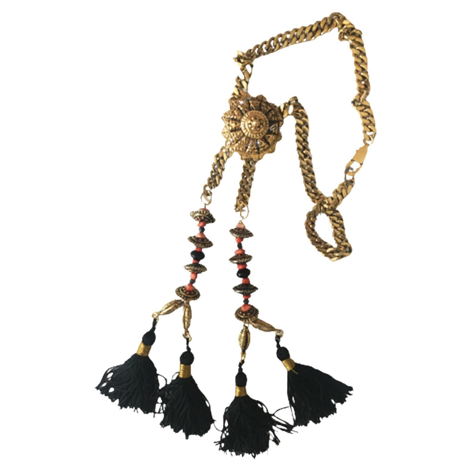 Jean Paul Gaultier Thimble Brutalist Chain Tassels Necklace 90s For Sale