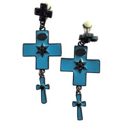 Jean Paul Gaultier three cross ear clips blue enamelled and red rhinestones 
