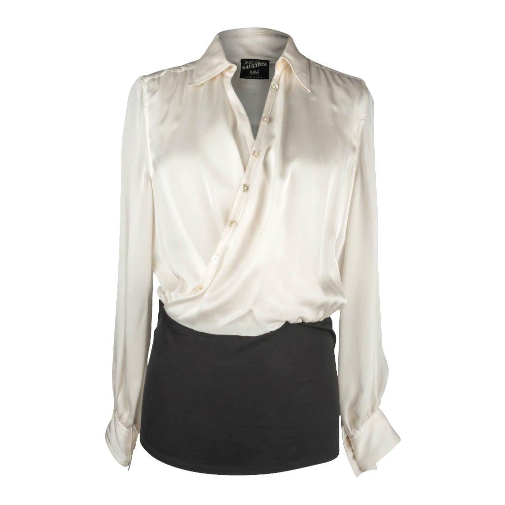 Jean Paul Gaultier Top White Faux Wrap Top Black Stretch at Unique Design 44 / 1