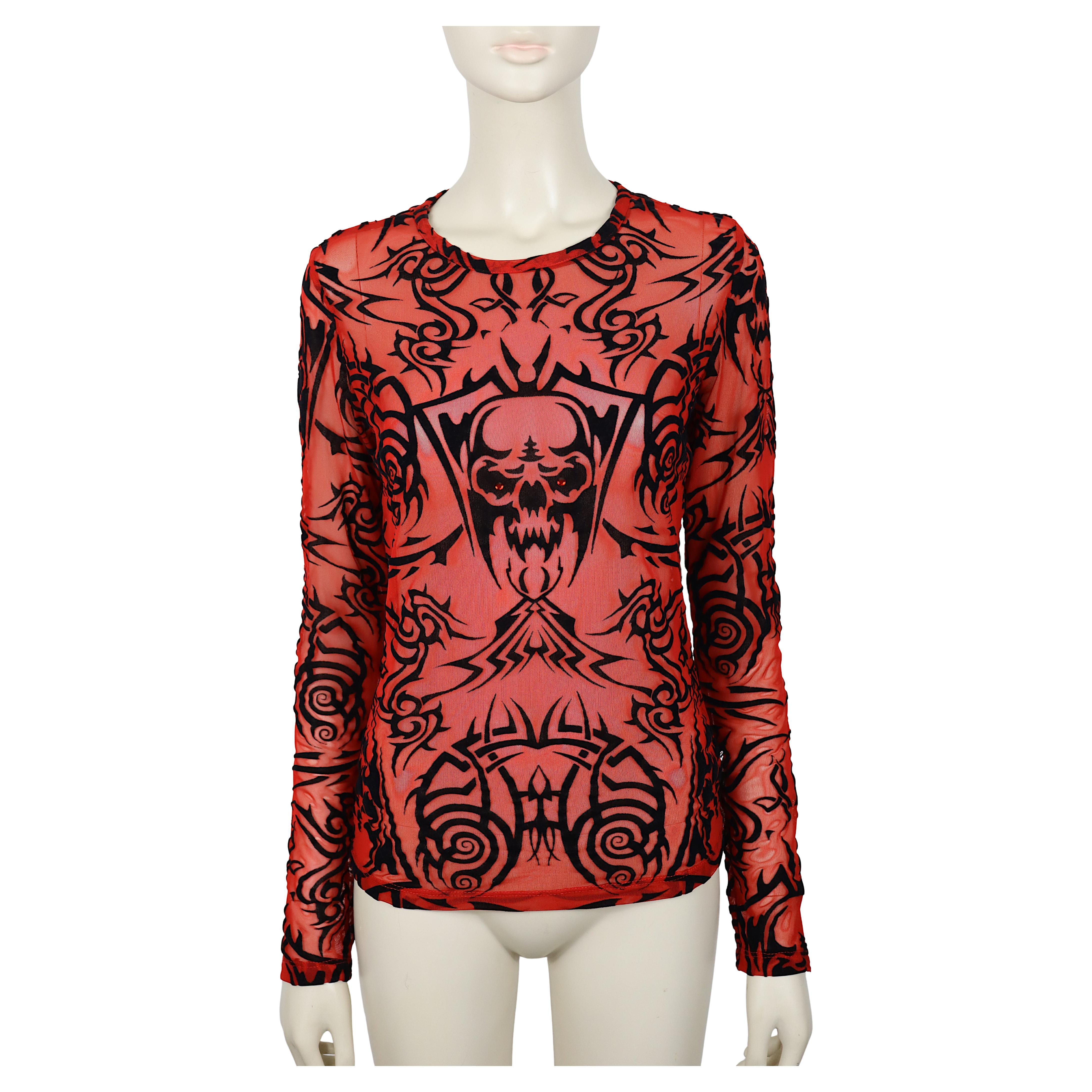 JEAN PAUL GAULTIER Top a rete trasparente con demone tribale taglia M.