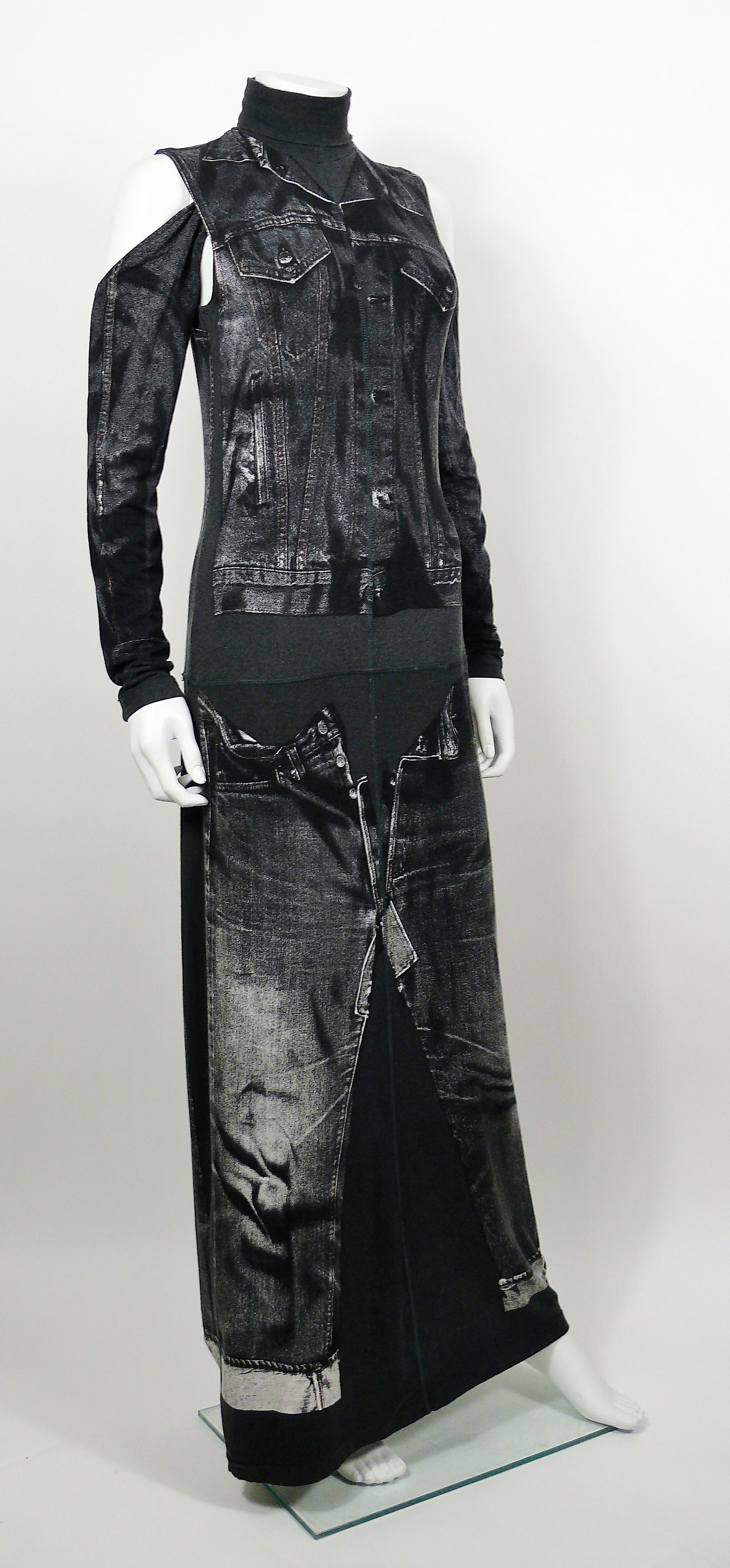 JEAN PAUL GAULTIER rare maxi jersey dress with detachable sleeves featuring an x-ray screen trompe l’œil jean jacket and jeans on the front and back.

This dress features :
- Grey jersey background featuring distressed black/white x-ray screen