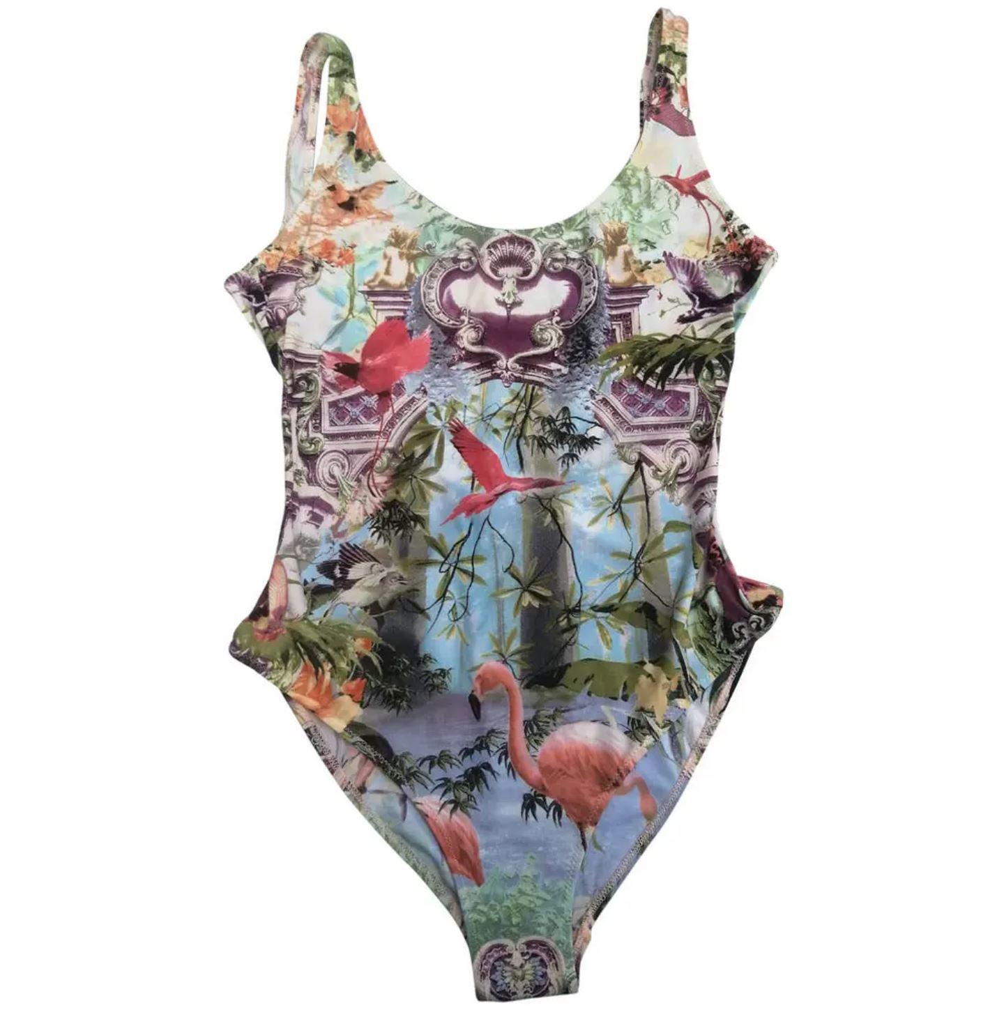 Wonderful tropical swimsuit by Jean Paul Gaultier!
Super vintage piece from the 90s!
Bella Hadid wears the same pattern, check the photos!

Flamingos, butterflies, Italian baroque motifs, angel sculptures, 