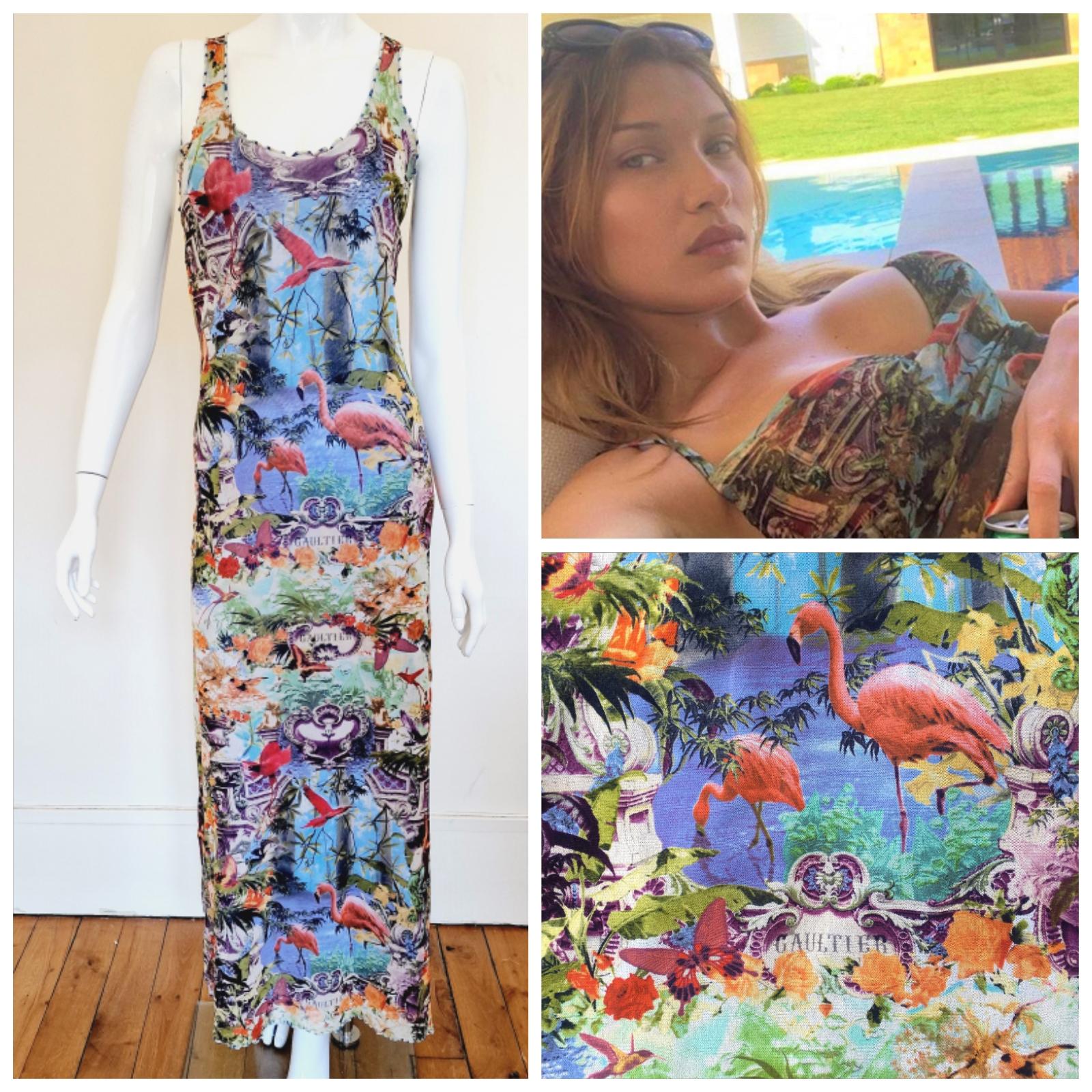 Jean Paul Gaultier Tropical Butterfly Bella Hadid Flamingo Vintage Maxi Dress For Sale 8