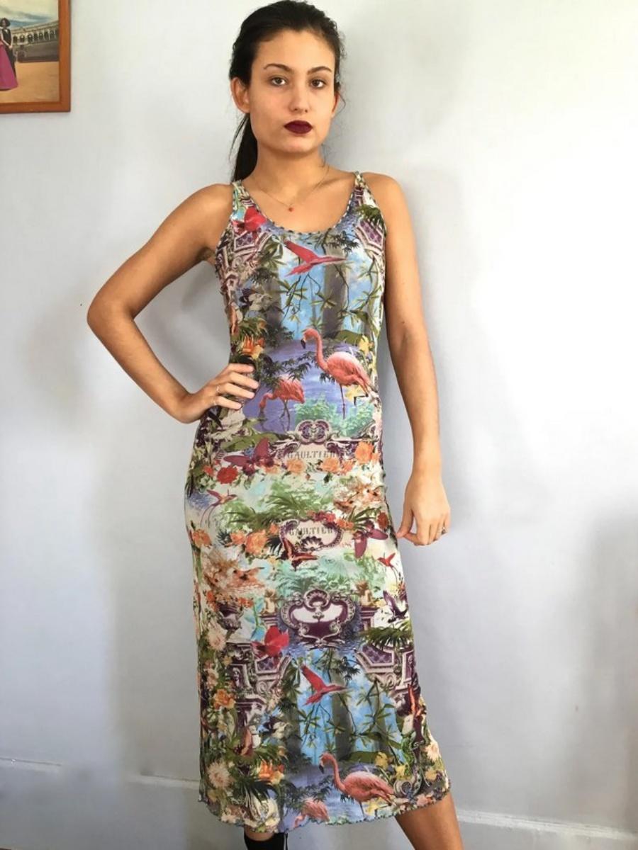Gray Jean Paul Gaultier Tropical Butterfly Flamingo Bird Floral Bella Hadid Maxi Dres For Sale