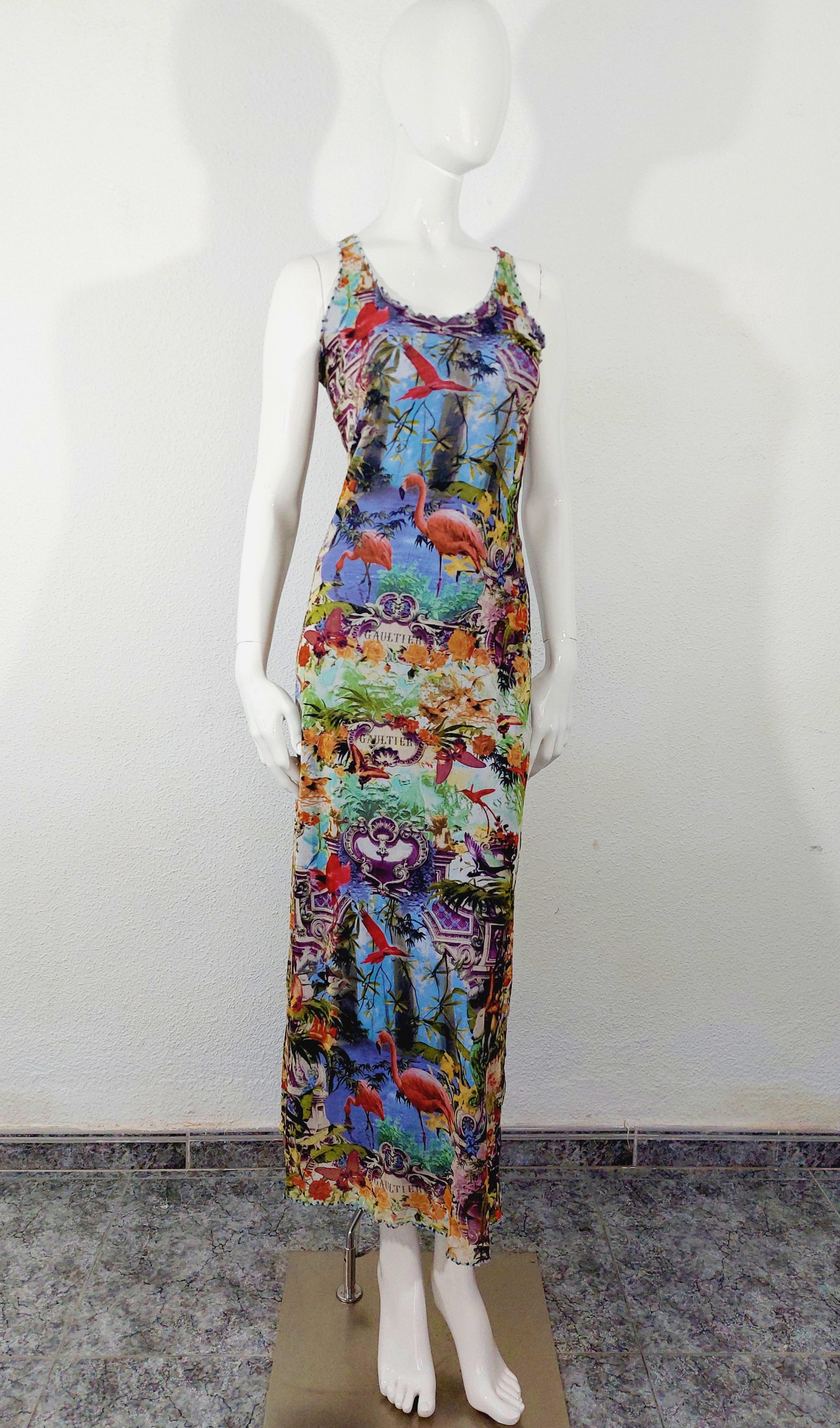 Jean Paul Gaultier Tropical Butterfly Flamingo Bird Floral Bella Hadid Maxi Dres In Excellent Condition For Sale In PARIS, FR