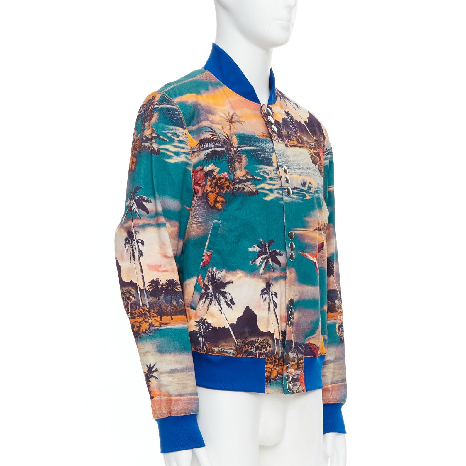 JEAN PAUL GAULTIER Tropical print blue cotton blend bomber jacket FR48 M In Good Condition In Hong Kong, NT