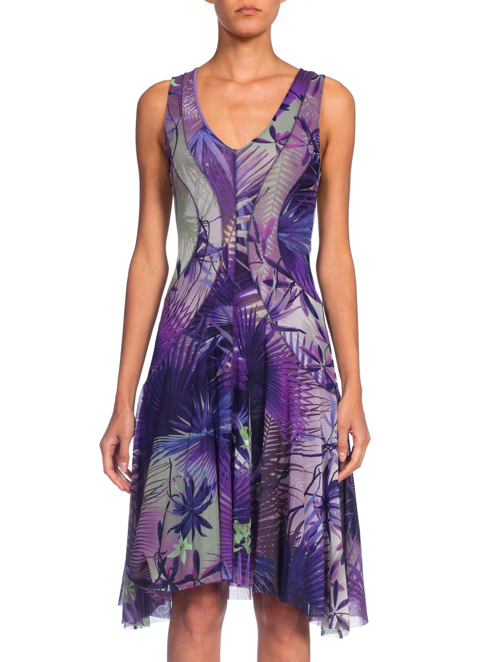 2000S JEAN PAUL GAULTIER Style Purple & Blue Tropical Print Stretch Mesh  Dress In Excellent Condition In New York, NY