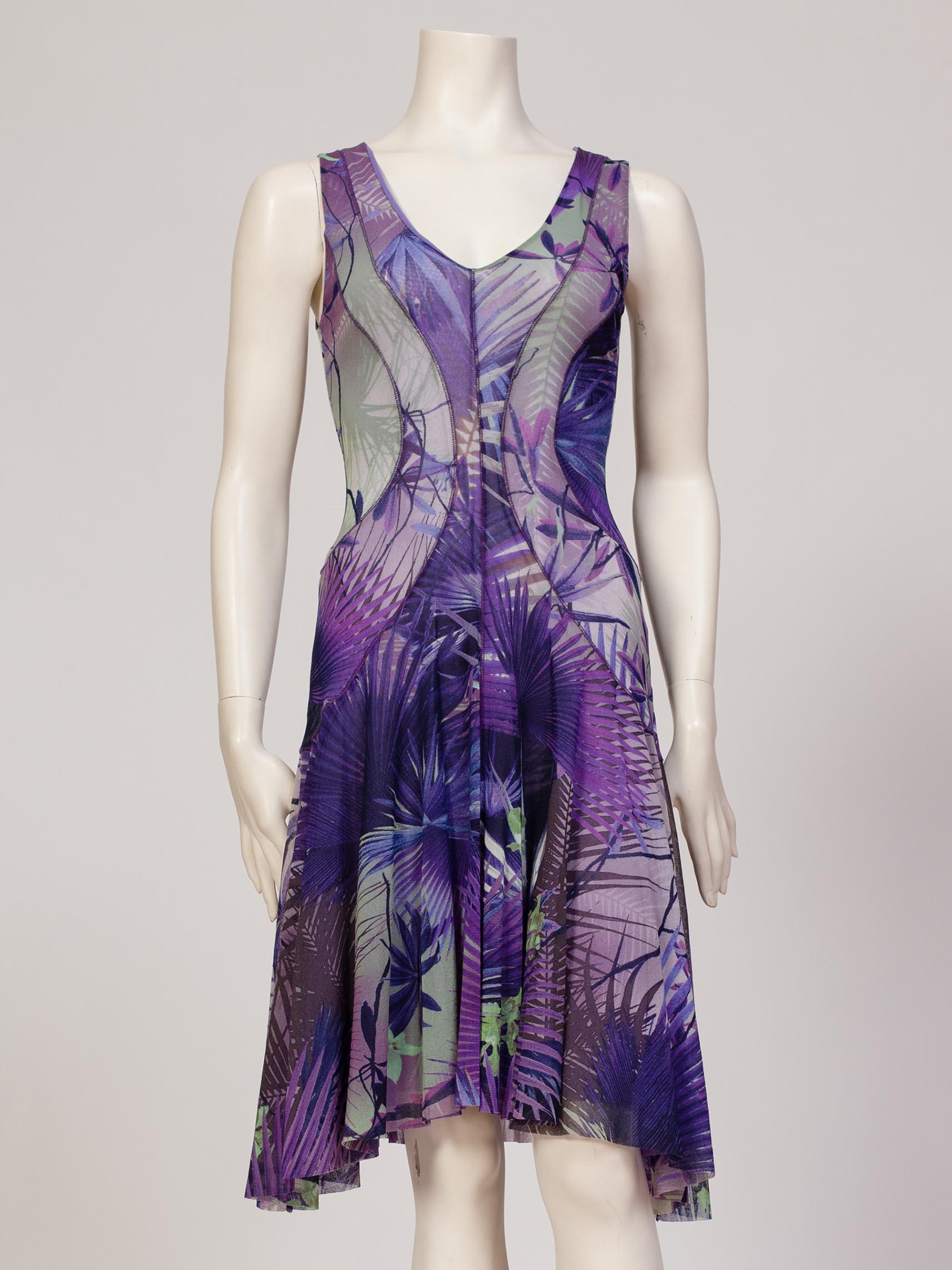 Women's 2000S JEAN PAUL GAULTIER Style Purple & Blue Tropical Print Stretch Mesh  Dress