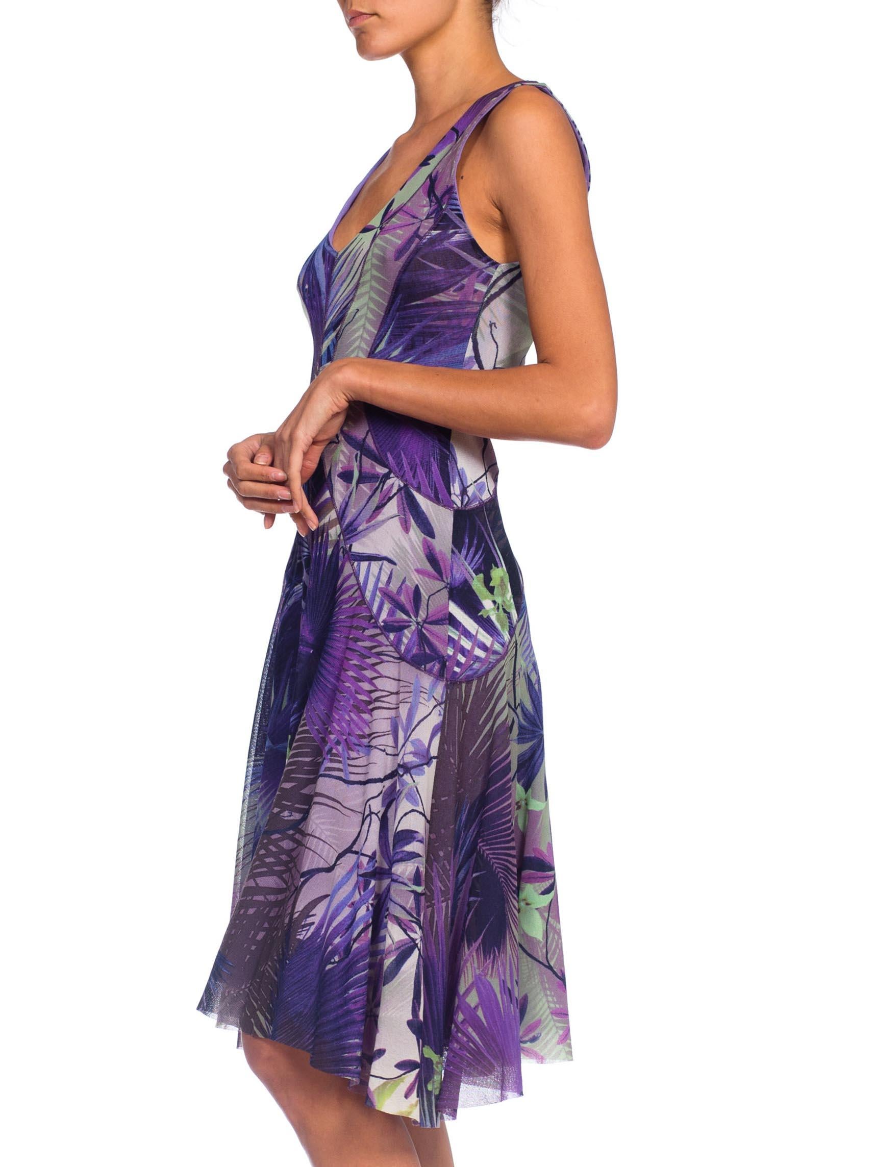 2000S JEAN PAUL GAULTIER Style Purple & Blue Tropical Print Stretch Mesh  Dress 1