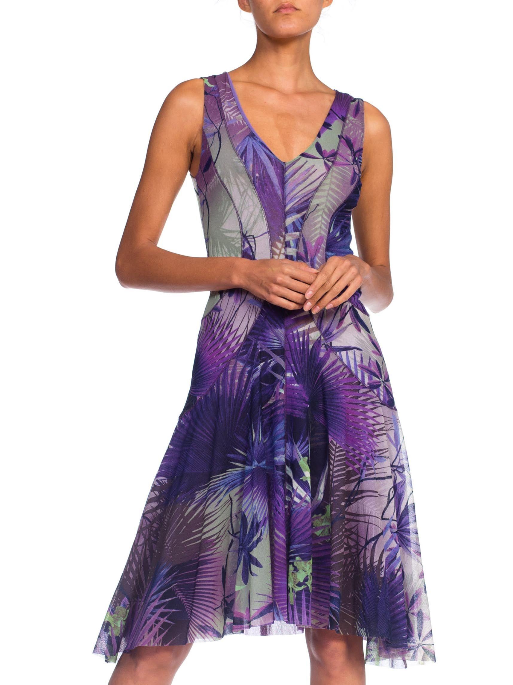 2000S JEAN PAUL GAULTIER Style Purple & Blue Tropical Print Stretch Mesh  Dress 3