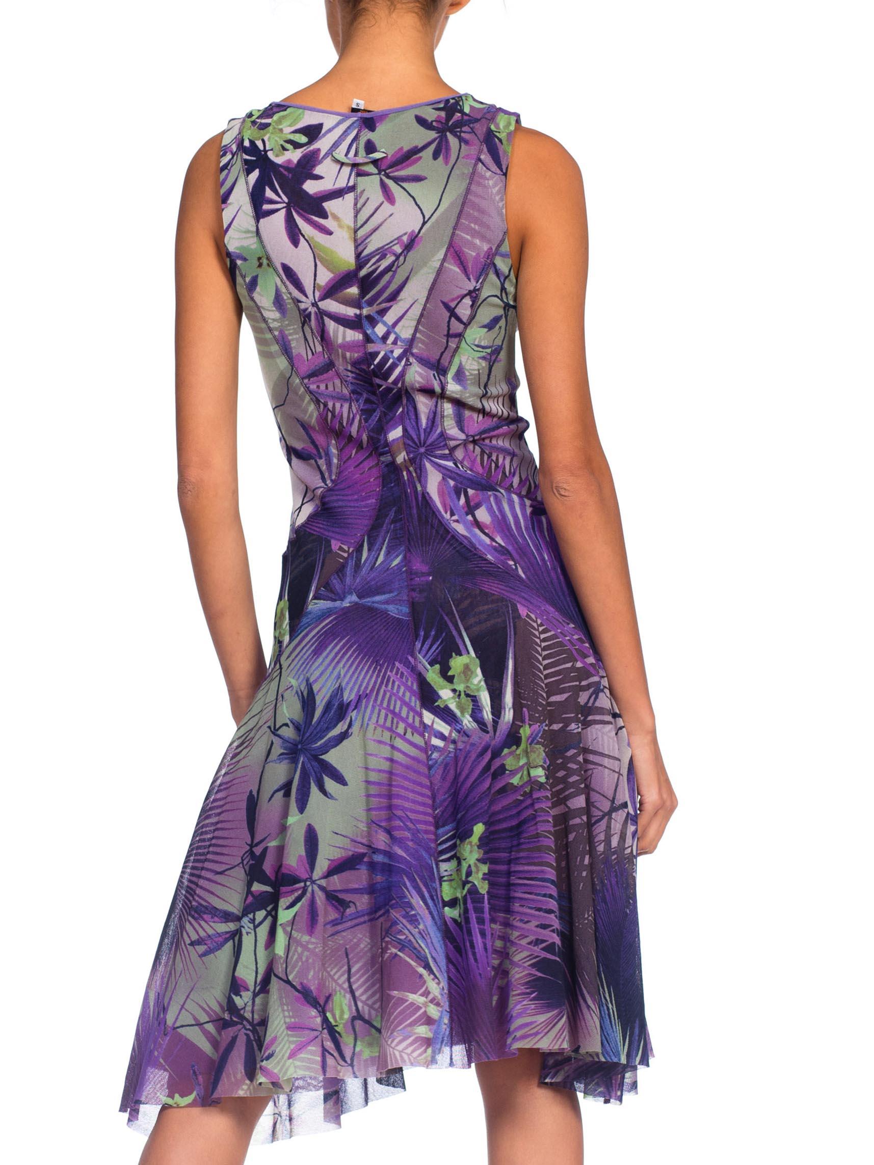 2000S JEAN PAUL GAULTIER Style Purple & Blue Tropical Print Stretch Mesh  Dress 6