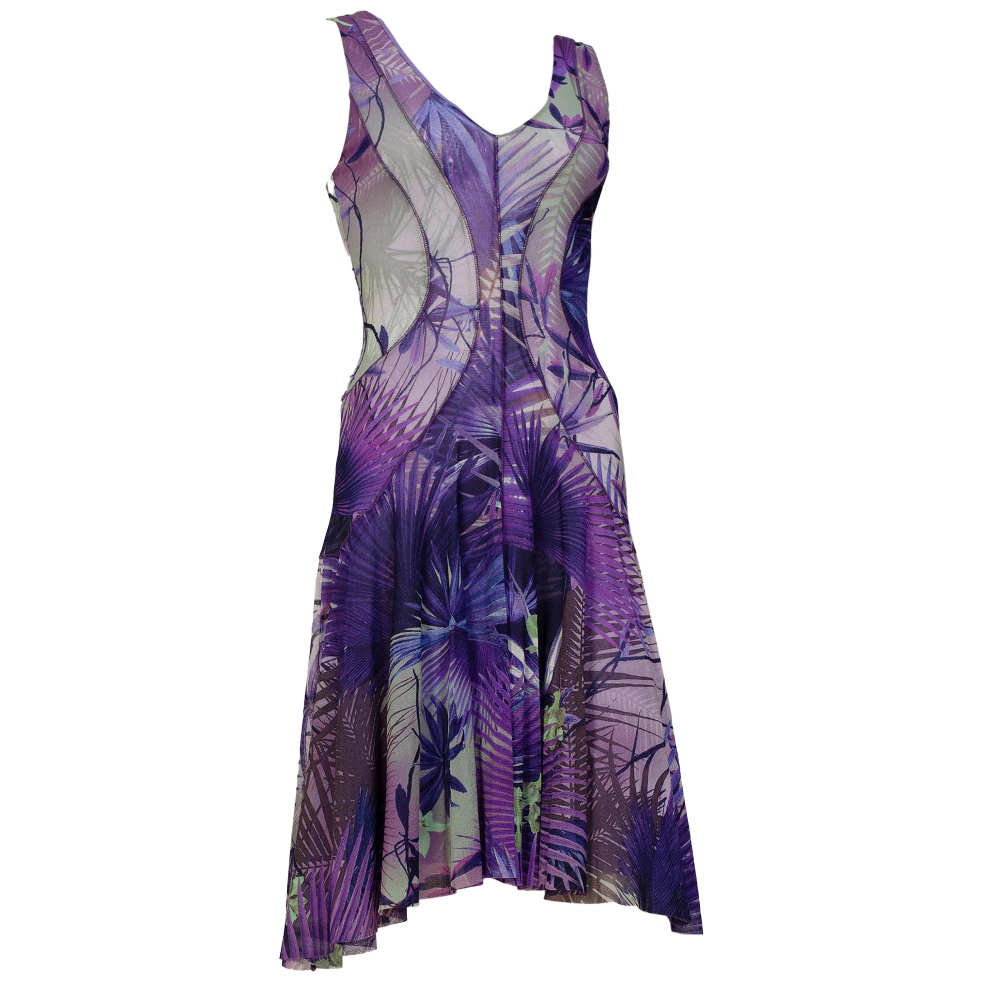 2000S JEAN PAUL GAULTIER Style Purple & Blue Tropical Print Stretch Mesh  Dress