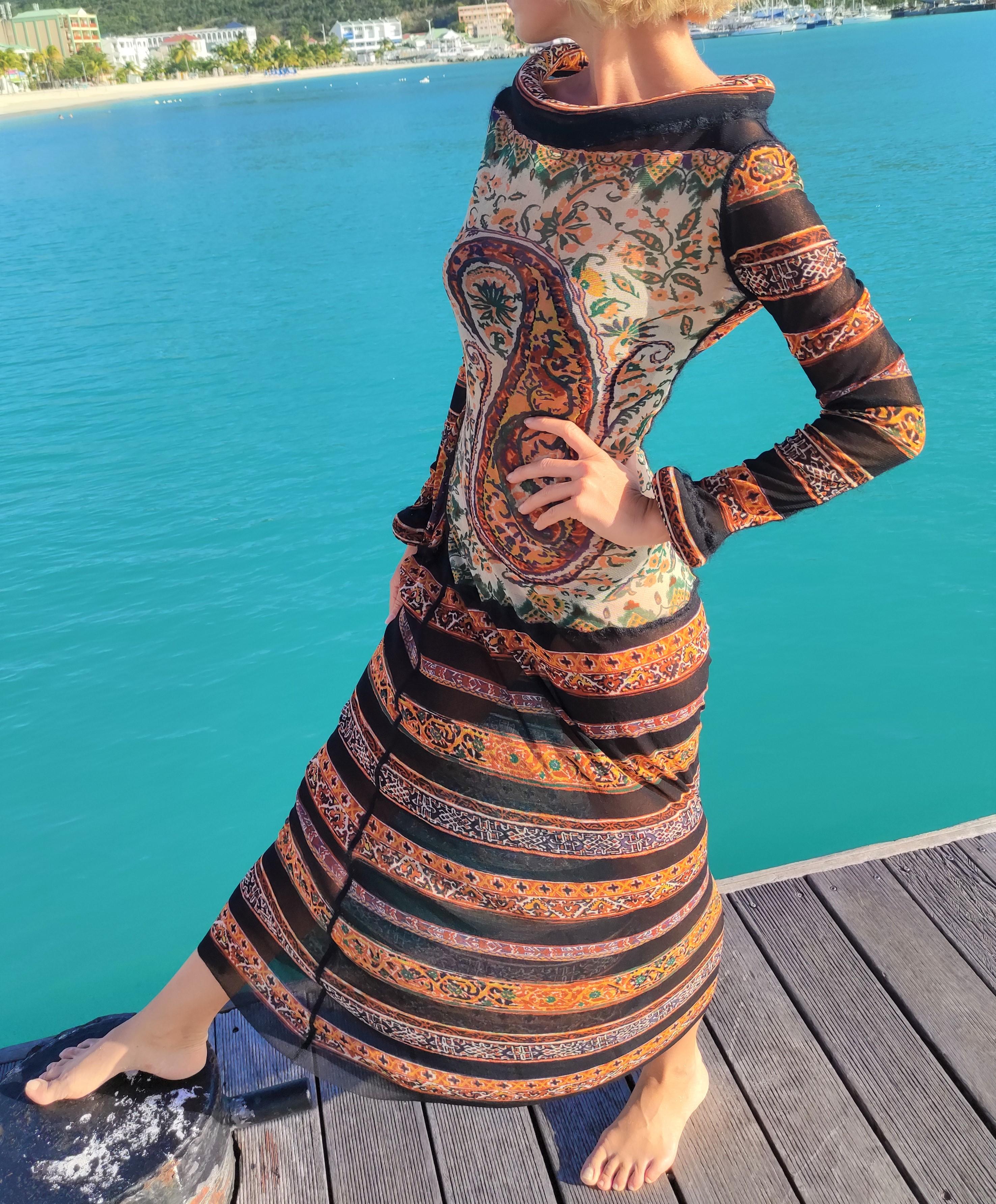 Jean Paul Gaultier Tubo Cuello Puño Bata Paisley Malla 1999 Vestido FW en Excelente estado para la venta en PARIS, FR