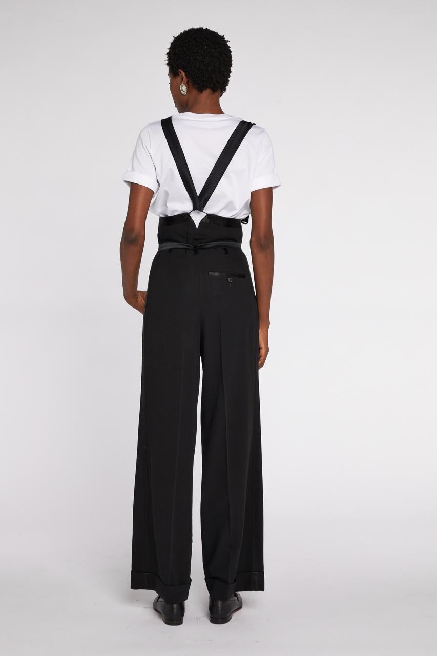 Black Jean Paul Gaultier Tuxedo Trousers with Satin Suspenders 00s For Sale