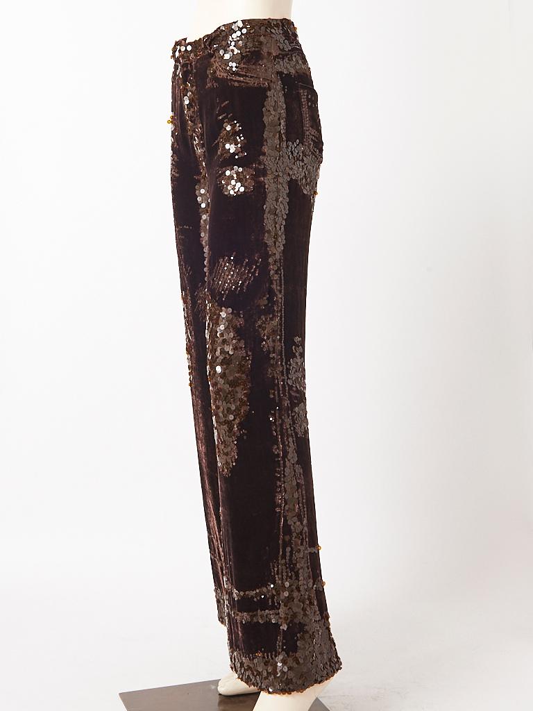 Jean Paul Gaultier, chocolate brown, velvet, wide leg pant having clusters of abstract patterns of sequins, randomly placed on the pant. Details include,  a fly front, belt loops and back patch pockets.
