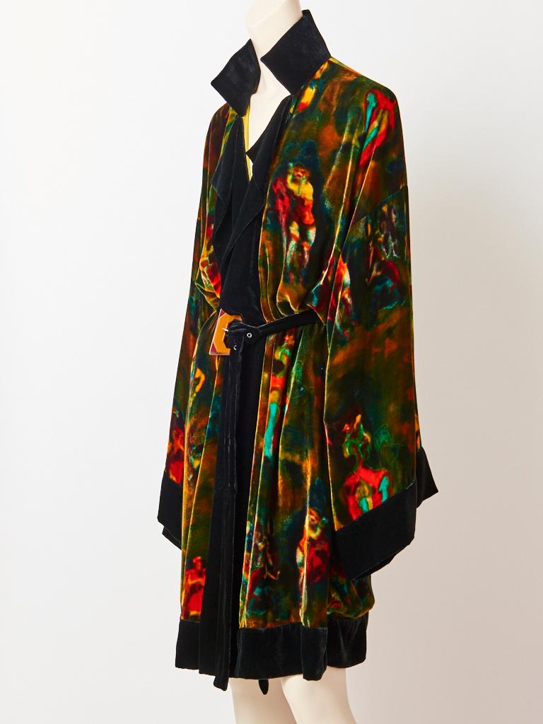 Jean Paul Gaultier, multi tone, printed velvet, belted, kimono/dress/robe. The colorful, painterly-like pattern is on a dark background, subtly depicting 