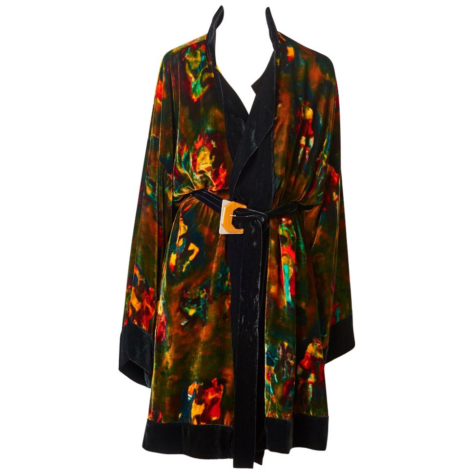 Jean Paul Gaultier Velvet Painterly Pattern Belted Kimono