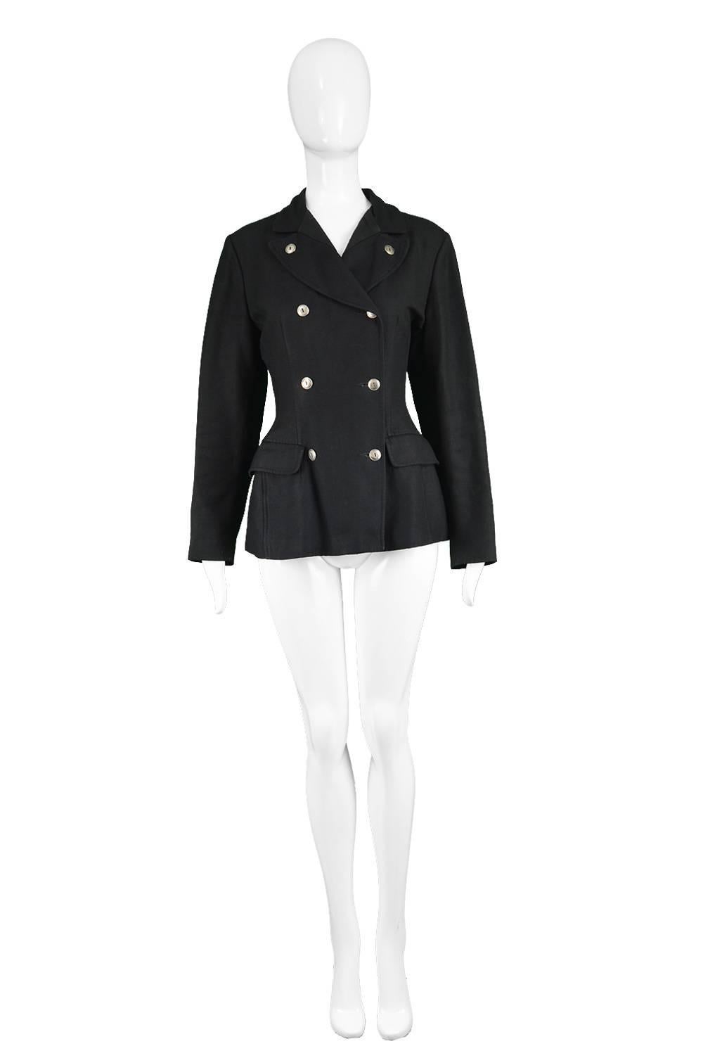 Jean Paul Gaultier Vintage 1980s Women's Black Double Breasted Blazer Jacket

Estimated Size: UK 10/ US 6/ EU 38. Please check measurements. 
Bust - 36” / 91cm (allow a couple of inches room for movement)
Waist - 28” / 71cm
Hips - 36” / 91cm
Length