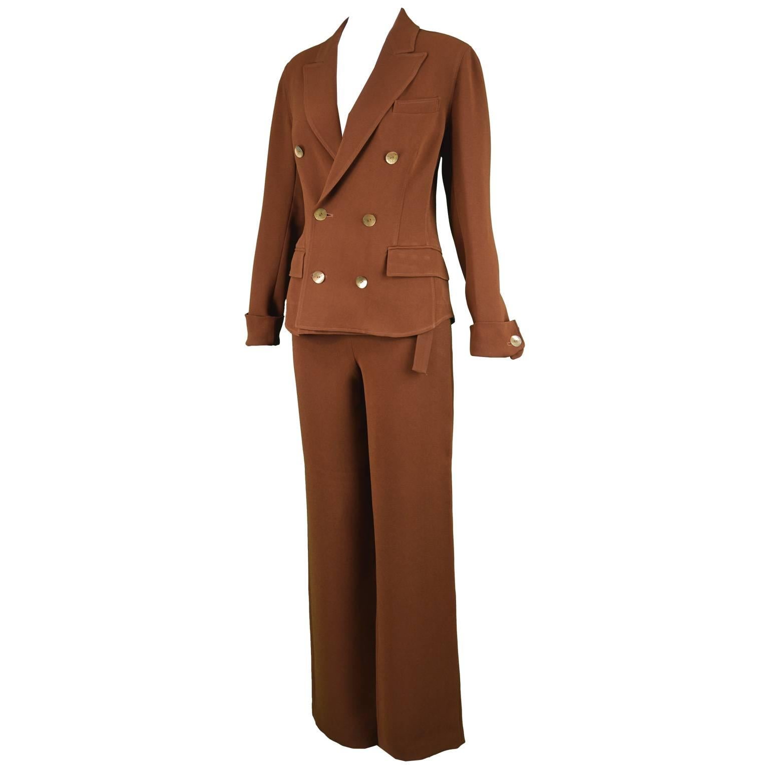 Jean Paul Gaultier Vintage Brown Crepe Wide Leg Palazzo Trouser Suit, 1990s  For Sale