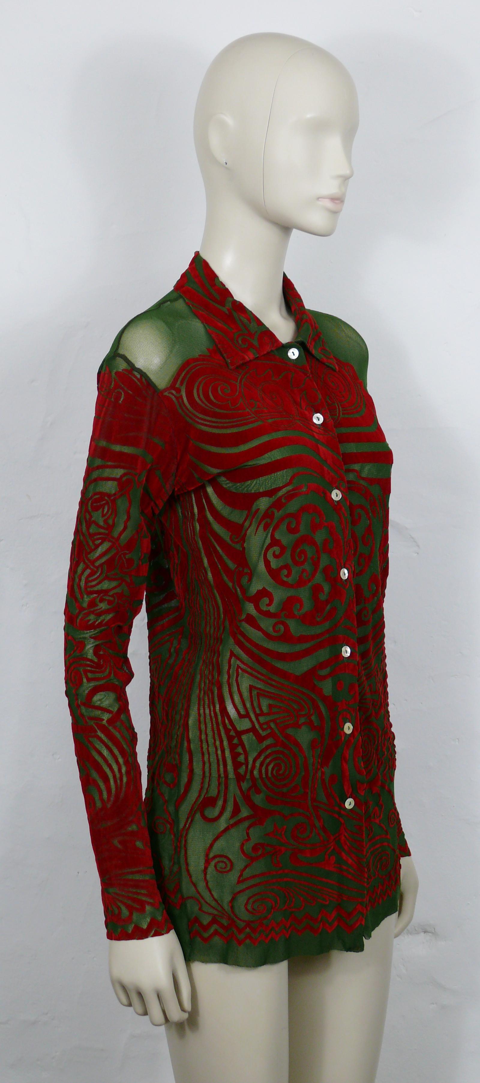 JEAN PAUL GAULTIER vintage 1996 FUZZI green sheer mesh shirt featuring a flocked red tribal tattoo print all-over.

Label reads JEAN PAUL GAULTIER MAILLE.
Made in Italy.

Size label reads : L.
Please refer to measurements.

Composition tag reads :