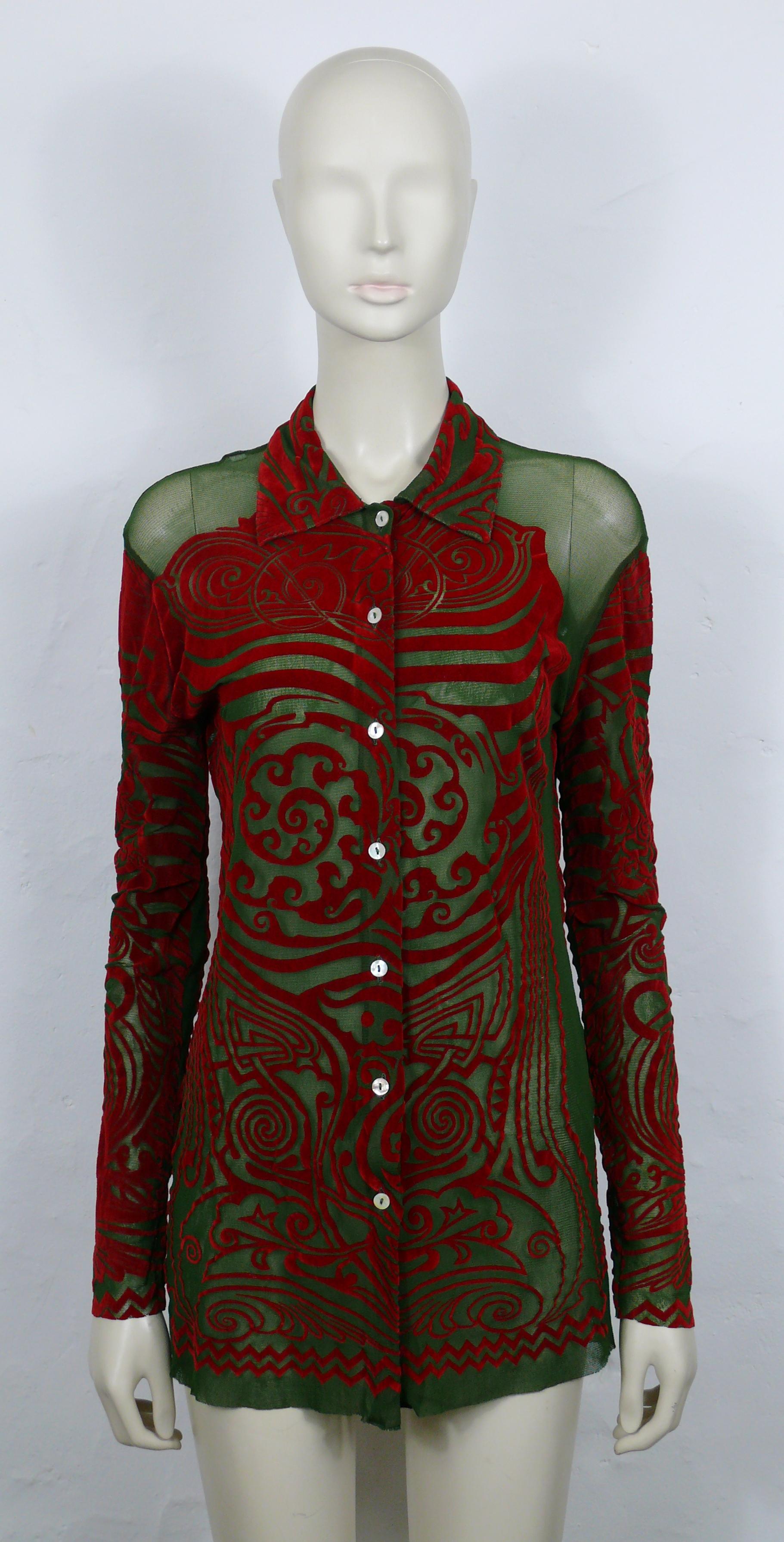 Black JEAN PAUL GAULTIER Vintage 1996 Iconic Green/Red Tribal Tattoo Mesh Shirt Size L For Sale