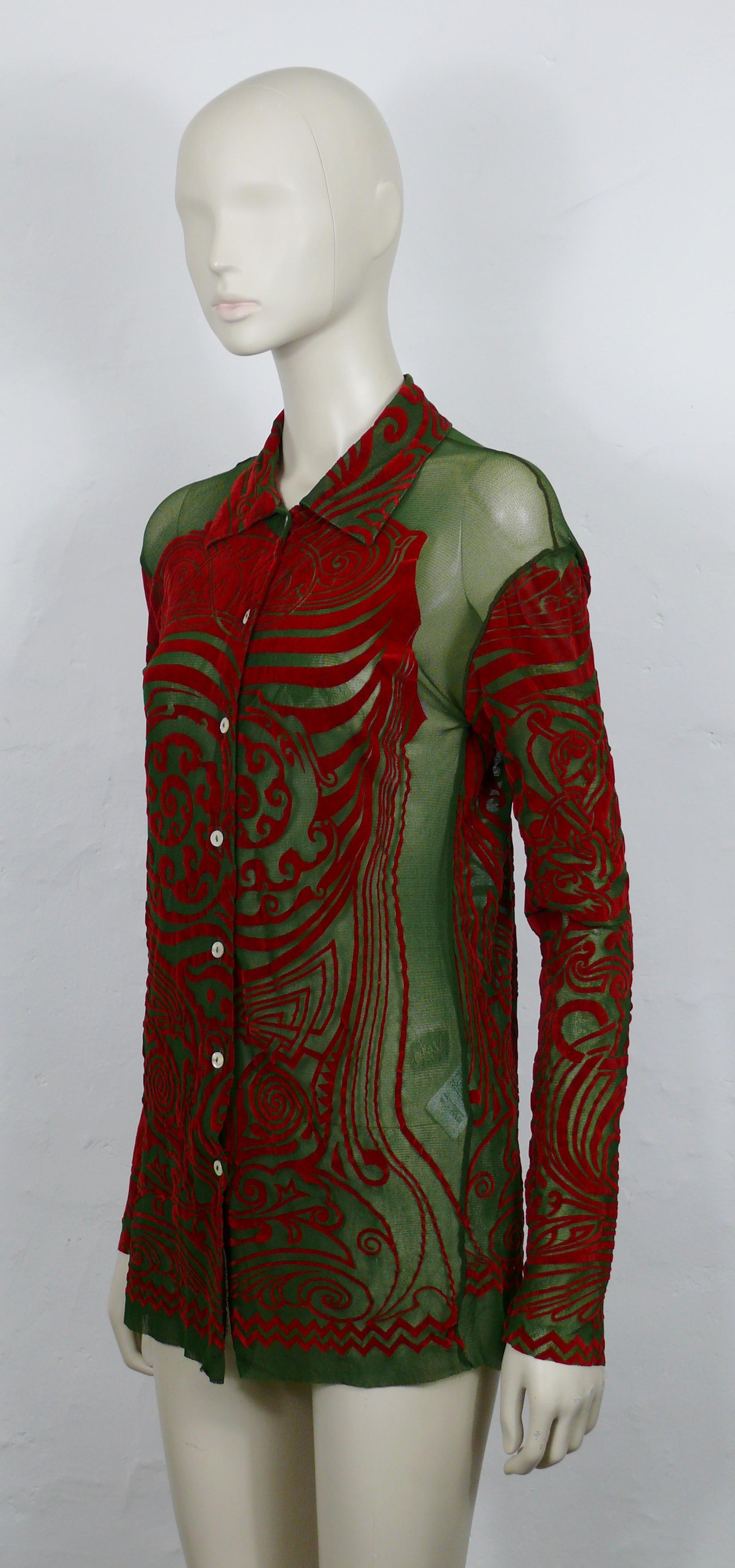 Women's or Men's JEAN PAUL GAULTIER Vintage 1996 Iconic Green/Red Tribal Tattoo Mesh Shirt Size L For Sale