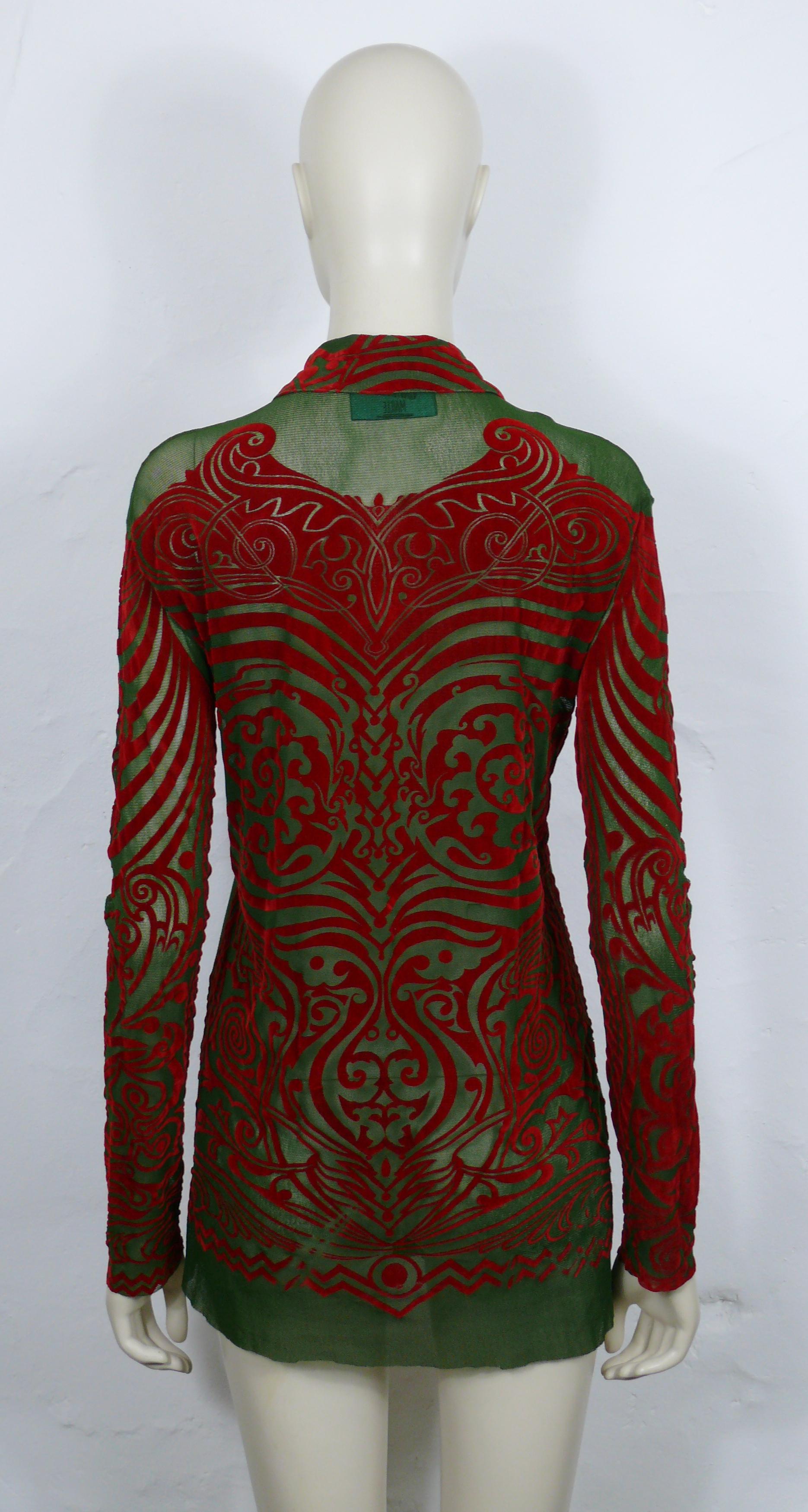 JEAN PAUL GAULTIER Vintage 1996 Iconic Green/Red Tribal Tattoo Mesh Shirt Size L For Sale 2