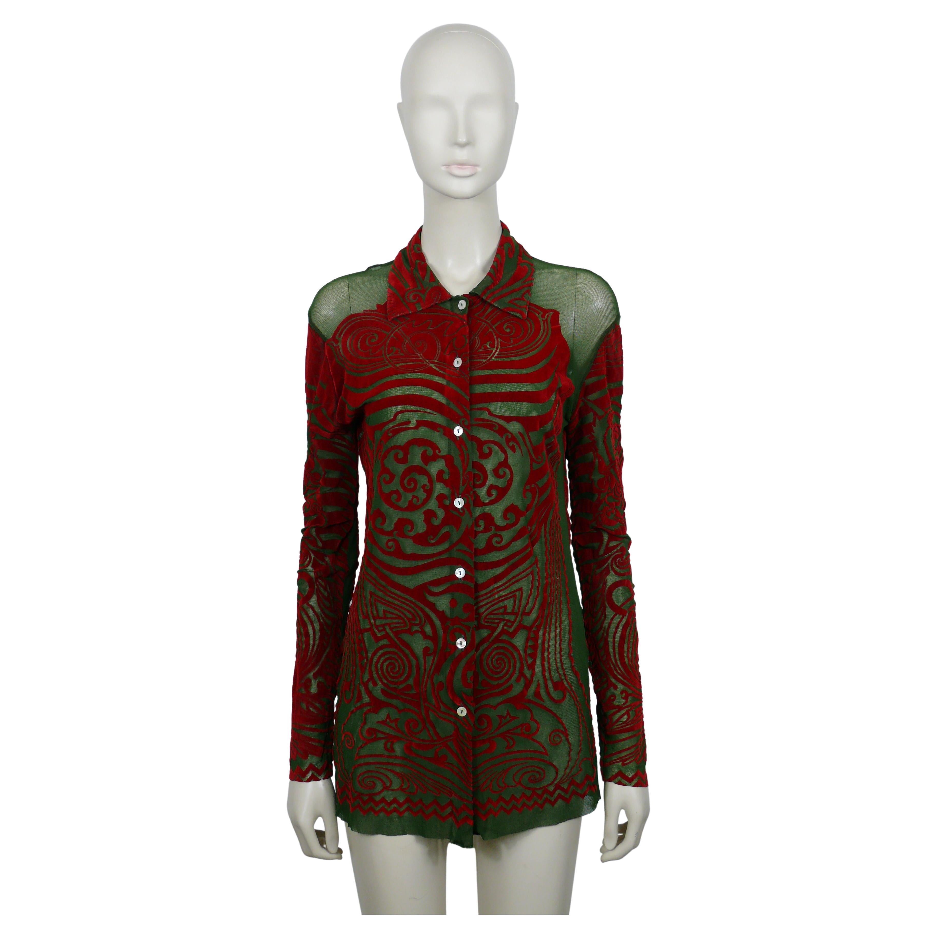 JEAN PAUL GAULTIER Vintage 1996 Iconic Green/Red Tribal Tattoo Mesh Shirt Size L For Sale