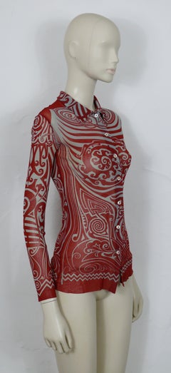 Jean Paul Gaultier Vintage 1996 Iconic Tribal Tattoo Print Mesh Shirt