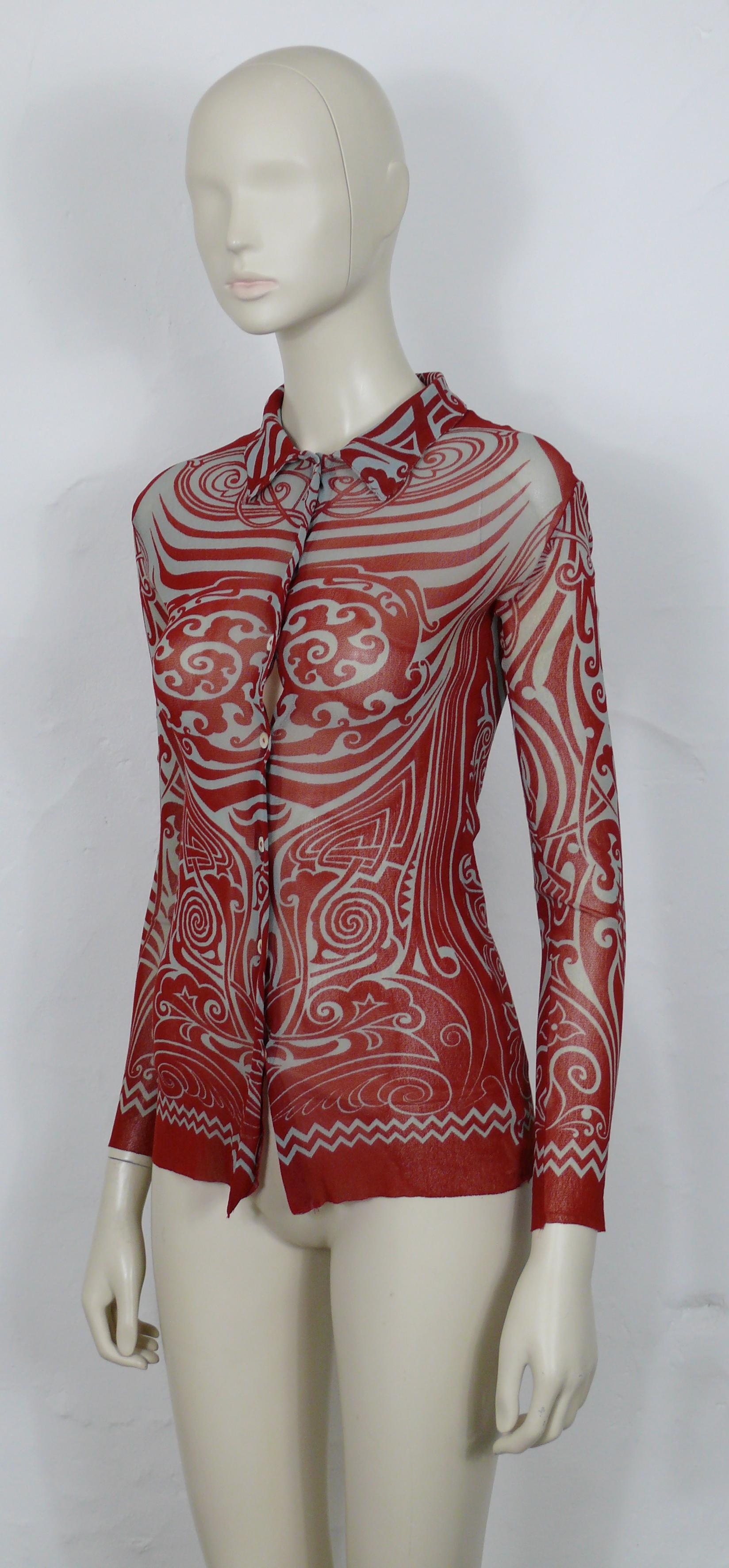 Jean Paul Gaultier Vintage 1996 Iconic Tribal Tattoo Print Mesh Shirt In Good Condition For Sale In Nice, FR