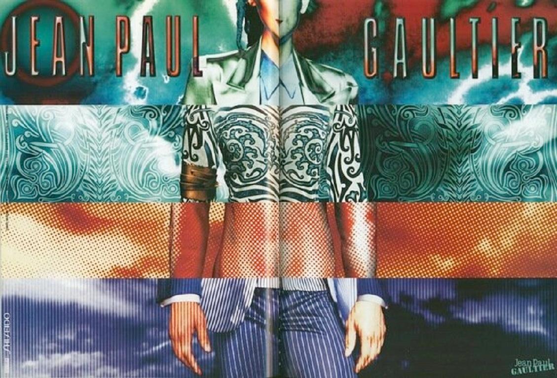 Women's or Men's Jean Paul Gaultier Vintage 1996 Iconic Tribal Tattoo Print Mesh Shirt For Sale