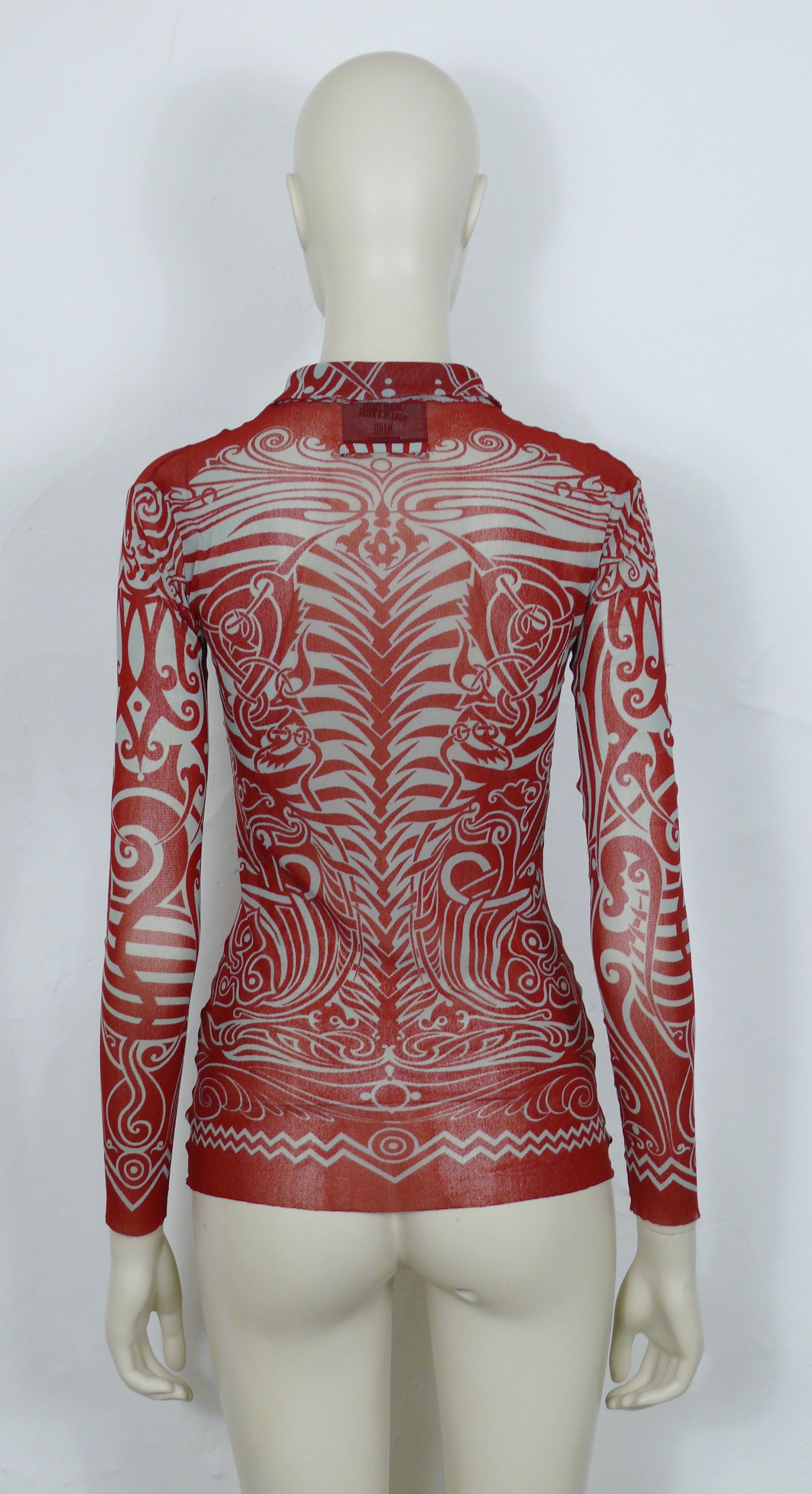 Jean Paul Gaultier Vintage 1996 Iconic Tribal Tattoo Print Mesh Shirt For Sale 1