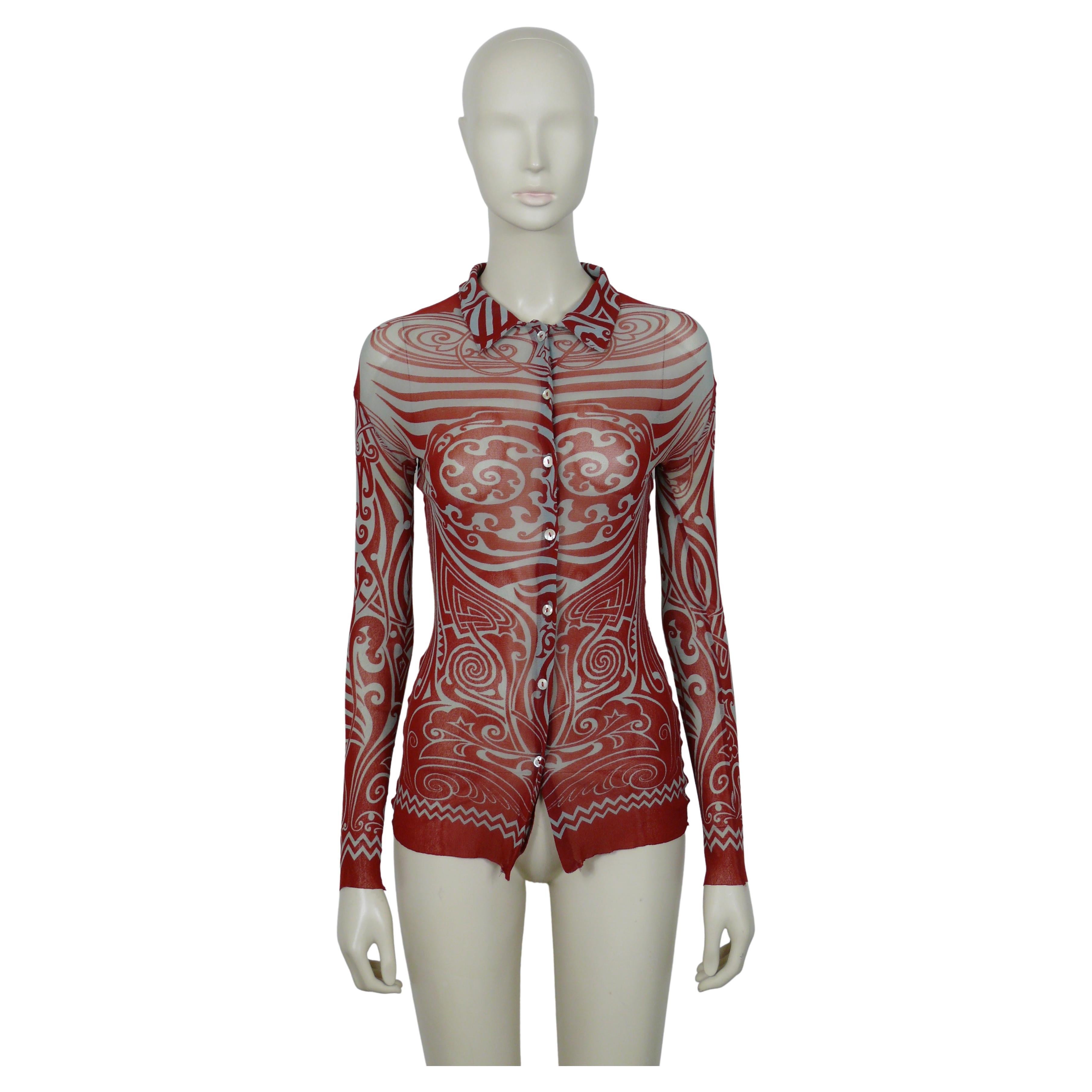 Jean Paul Gaultier Vintage 1996 Iconic Tribal Tattoo Print Mesh Shirt For Sale
