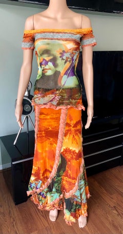 Jean Paul Gaultier S/S 2000 Abstract Psychedelic Top &Skirt Ensemble 2 Piece Set