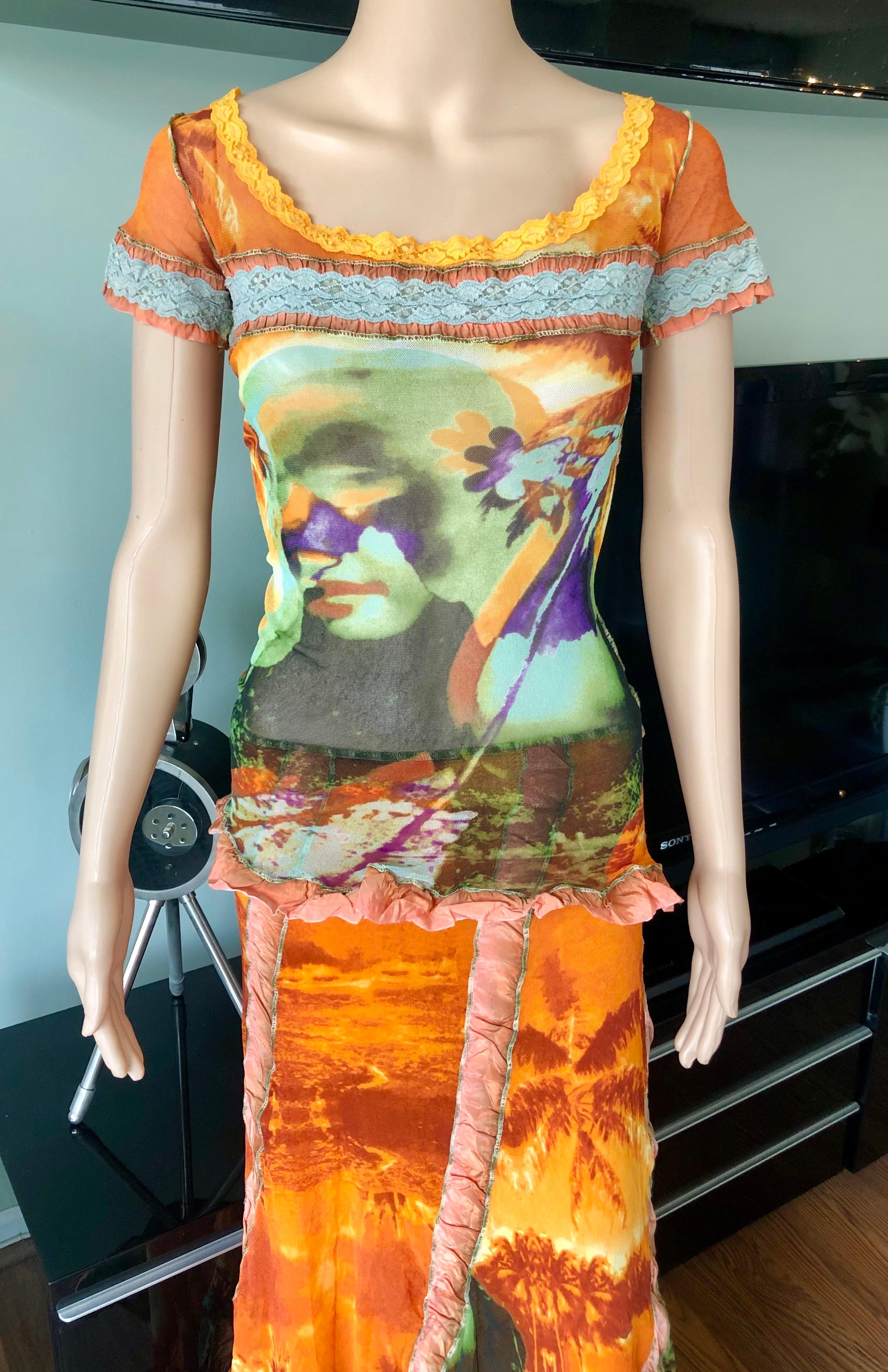 Femenino o masculino Conjunto de 2 piezas Jean Paul Gaultier S/S 2000 Top y falda psicodélicos abstractos en venta