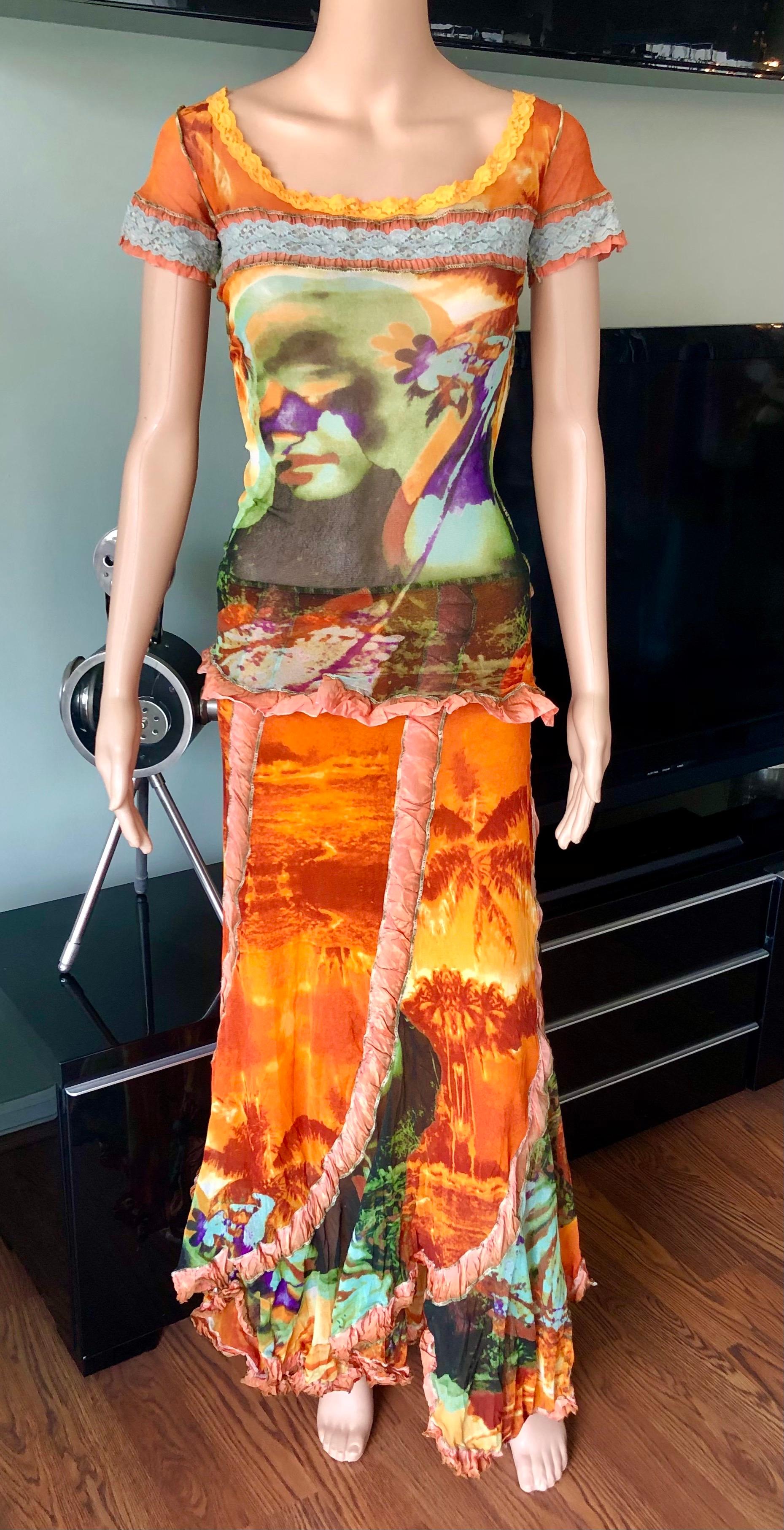 Beige Jean Paul Gaultier S/S 2000 Abstract Psychedelic Top &Skirt Ensemble 2 Piece Set For Sale