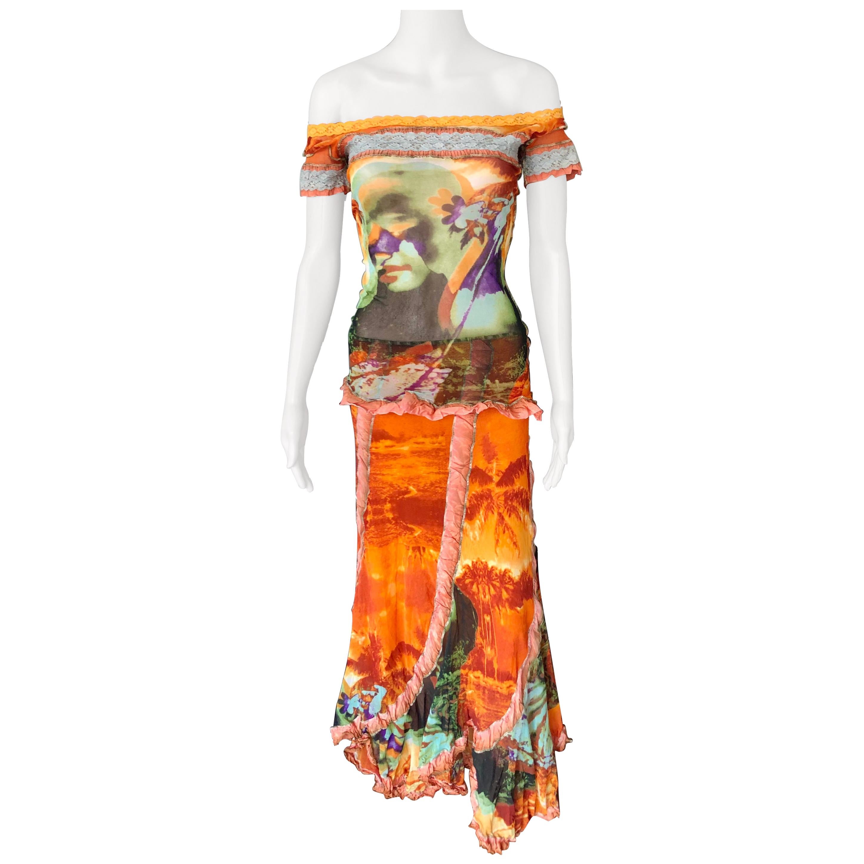 Jean Paul Gaultier S/S 2000 Abstract Psychedelic Top &Skirt Ensemble 2 Piece Set
