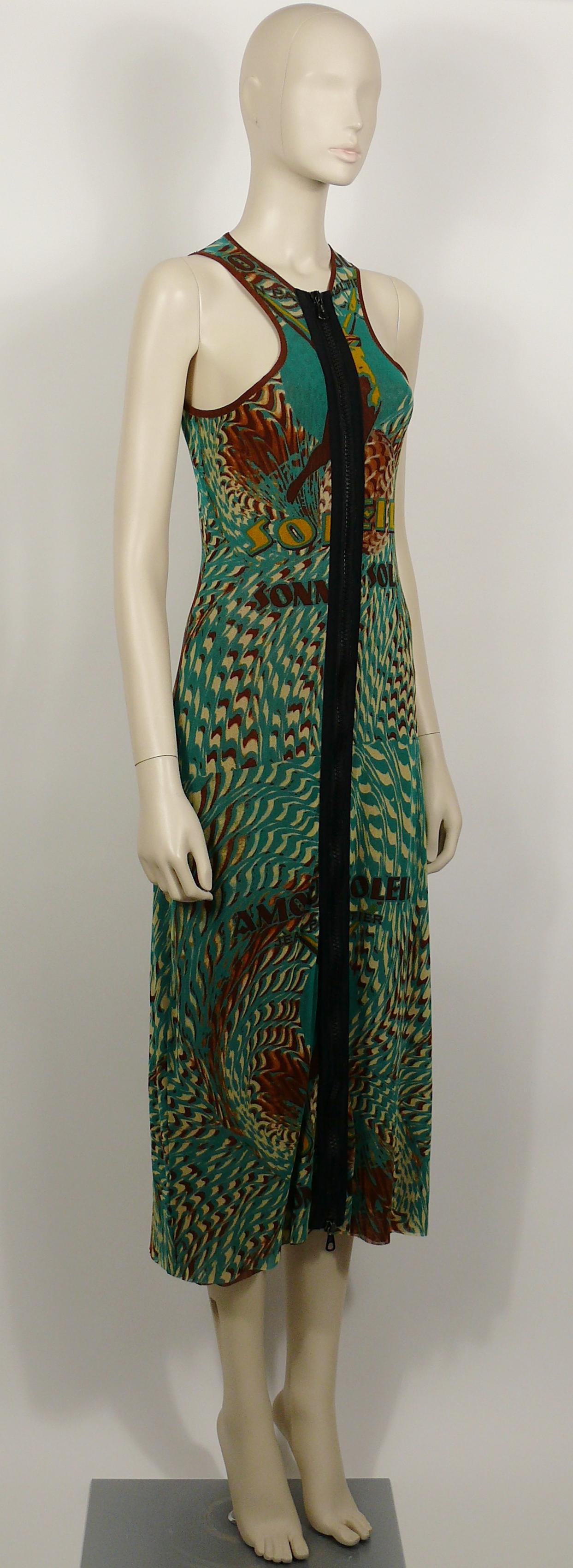 JEAN PAUL GAULTIER vintage zip front tank FUZZI mesh dress featuring a kinetic print with a female figure and Amour au Soleil (love in the sun), Soleil, Sonne, Sun, Sol, Jean Paul Gaultier...

Integrated brown mesh lining.

Label reads JEAN PAUL
