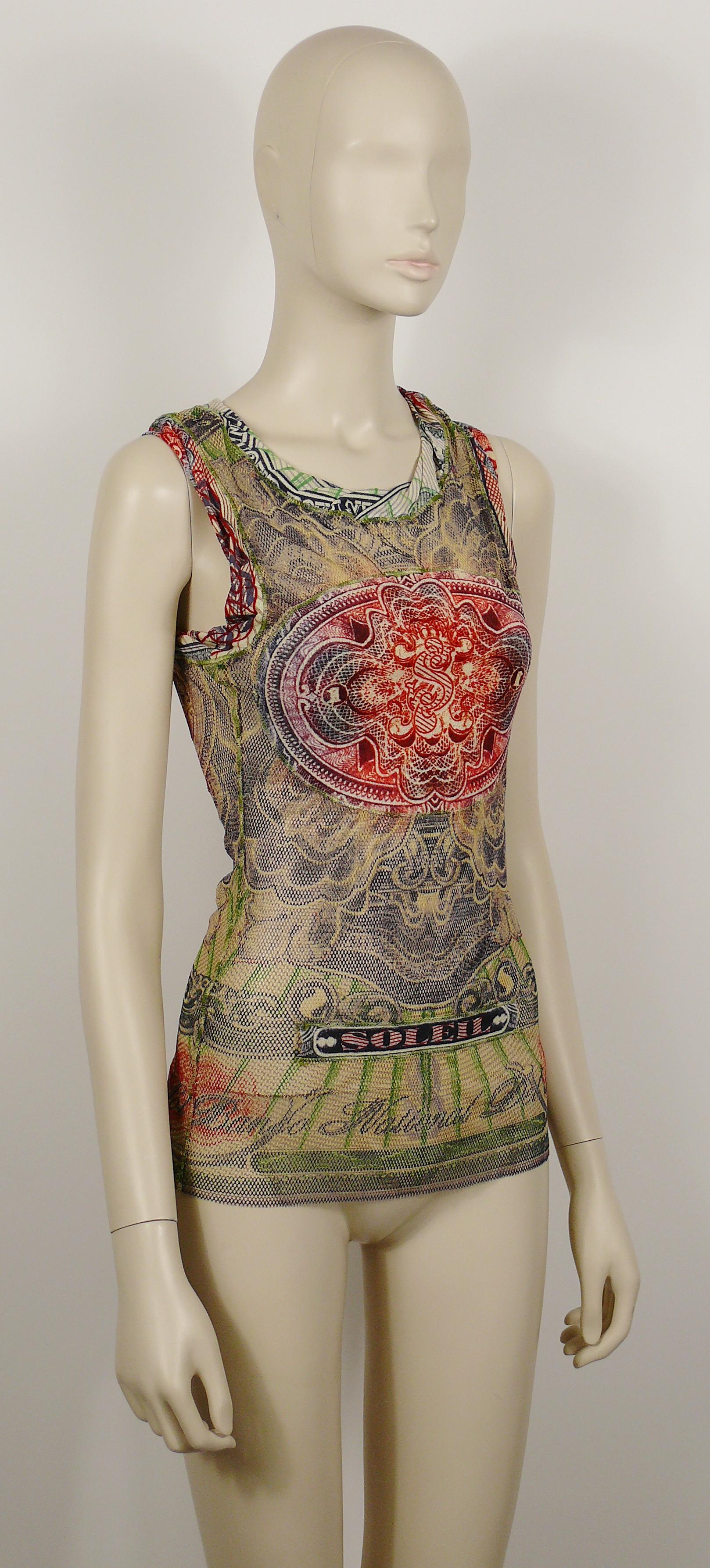 JEAN PAUL GAULTIER vintage sheer fishnet tank top featuring a banknote print.

Label reads JEAN PAUL GAULTIER Soleil.

Size label reads : S.
Please refer to measurements.

Mission composition label.

Indicative measurements taken laid flat and