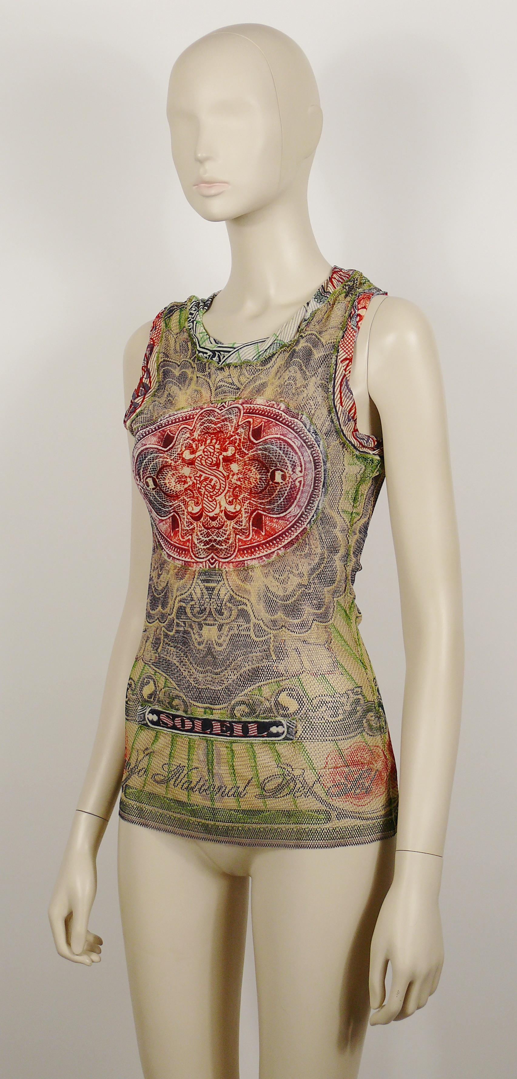 Jean Paul Gaultier Vintage Banknote Print Sheer Fishnet Tank Top Size S In Excellent Condition In Nice, FR