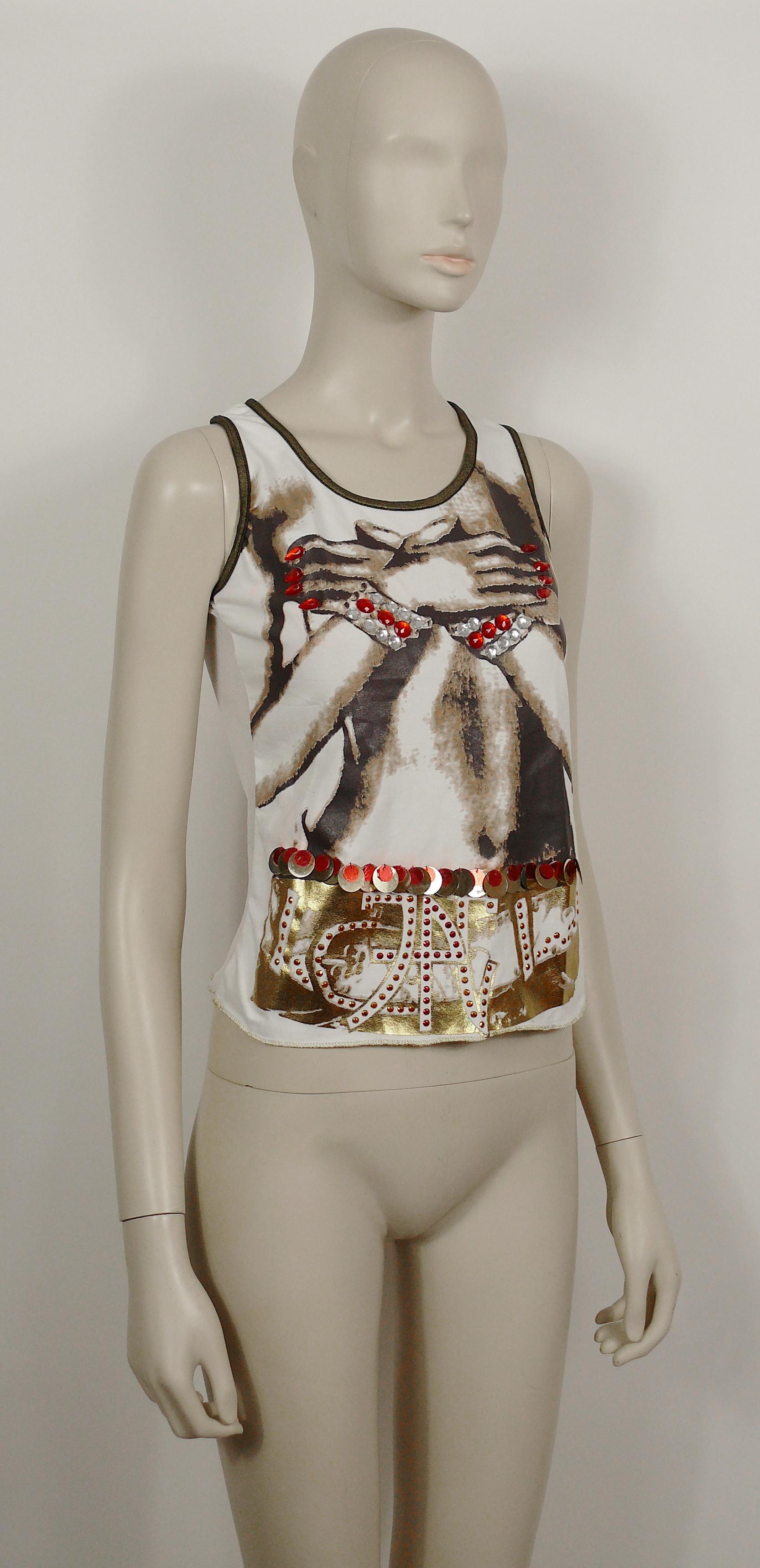 JEAN PAUL GAULTIER vintage rare belly dancer trompe-l'oeil tank top embellished with acrylic crystals and sequins, JPG logo on both sides.

Front is made of cotton blend.
Back is made of white sheer mesh.

Label reads JPG JEAN'S by GAULTIER.
Made in