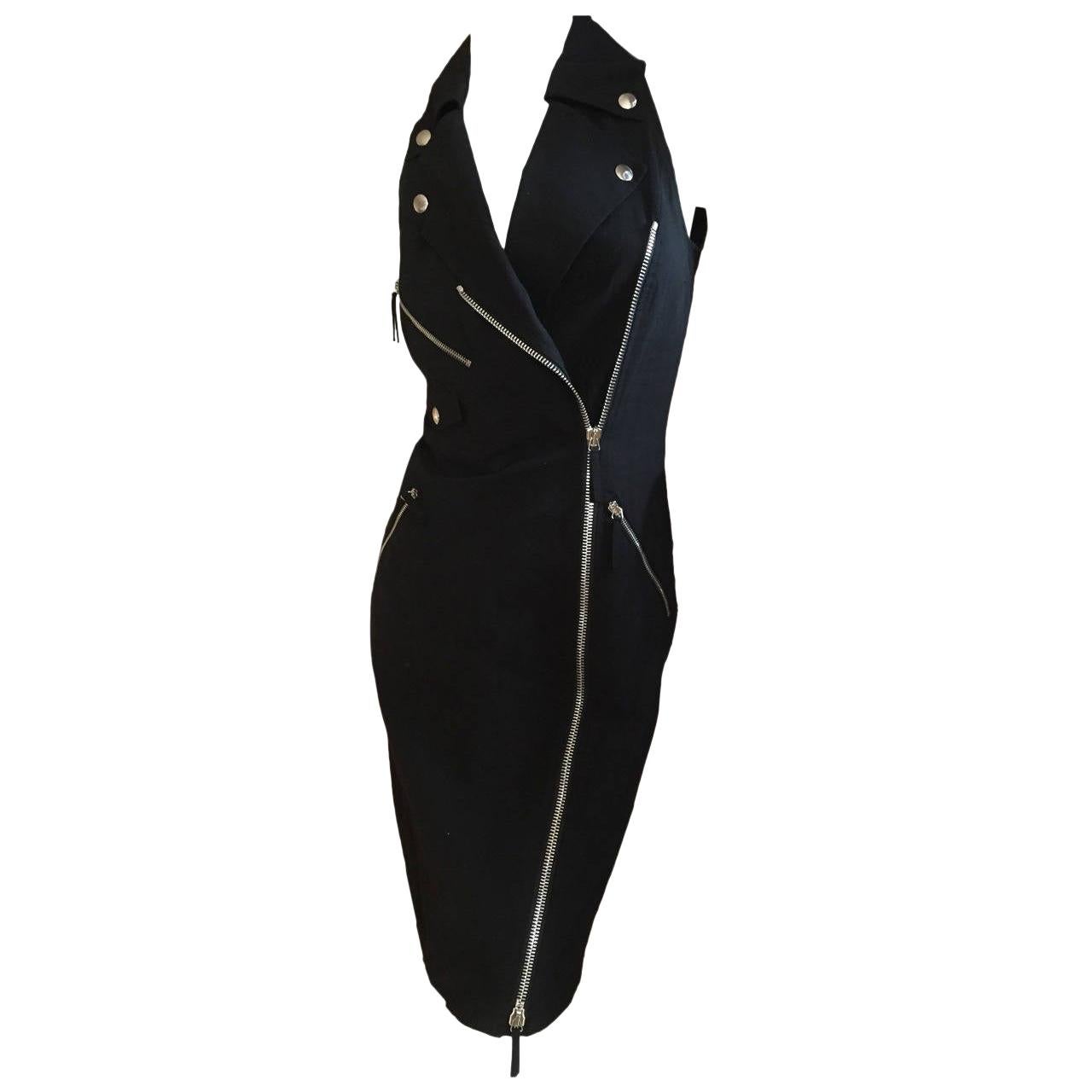 Jean Paul Gaultier Vintage Black Cotton Moto Style Dress For Sale