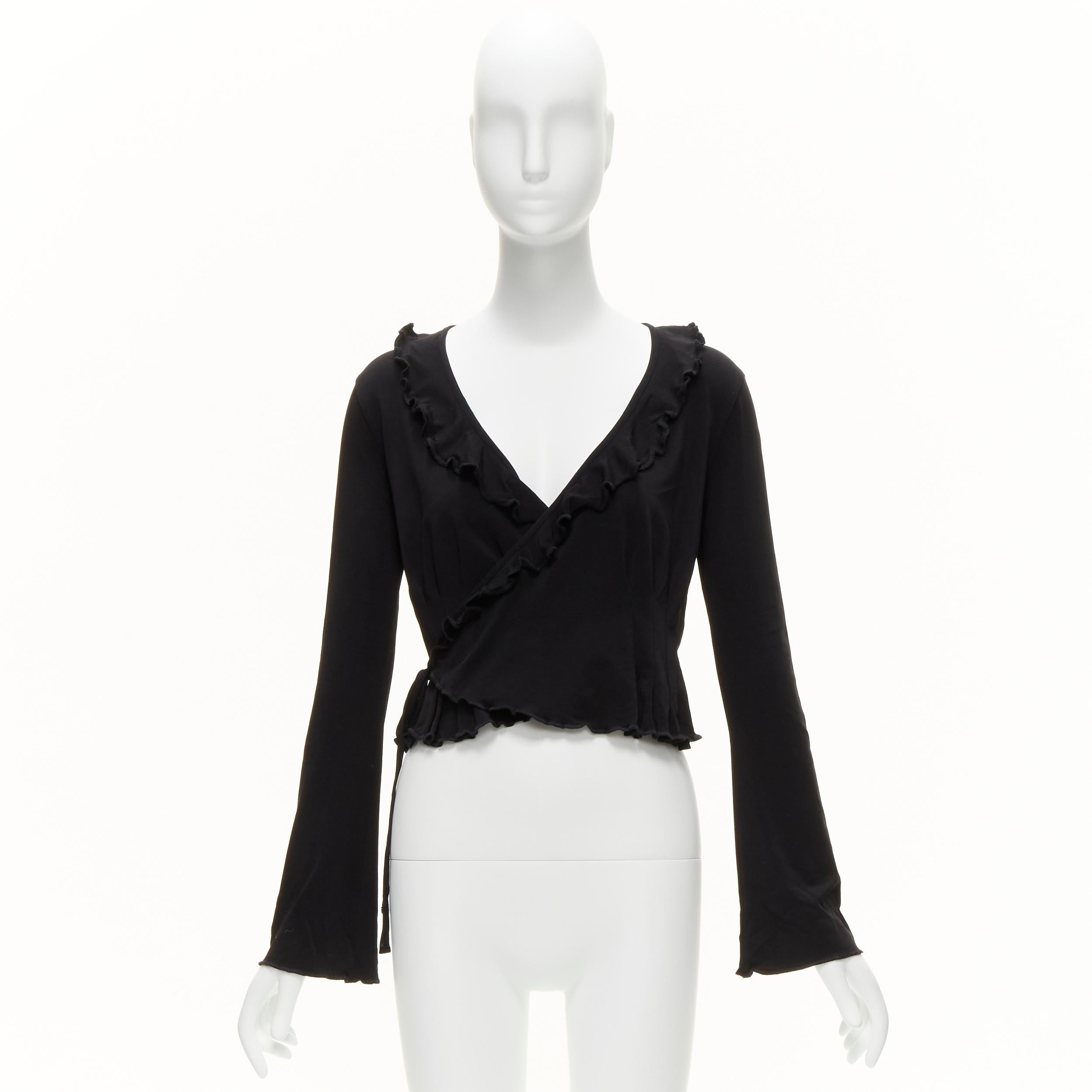 JEAN PAUL GAULTIER Vintage black jersey V neck lettuce ruffle wrap top IT40 S For Sale 7