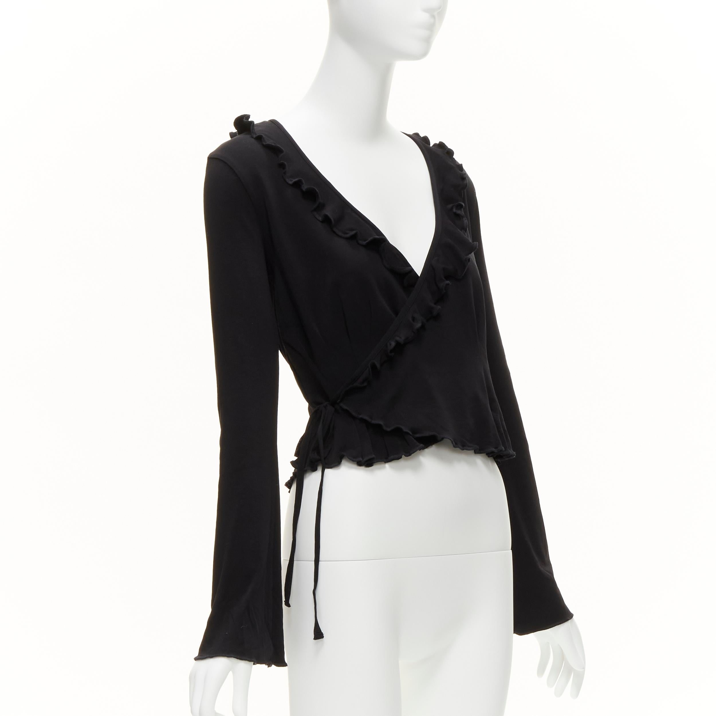 JEAN PAUL GAULTIER Vintage black jersey V neck lettuce ruffle wrap top IT40 S In Excellent Condition For Sale In Hong Kong, NT