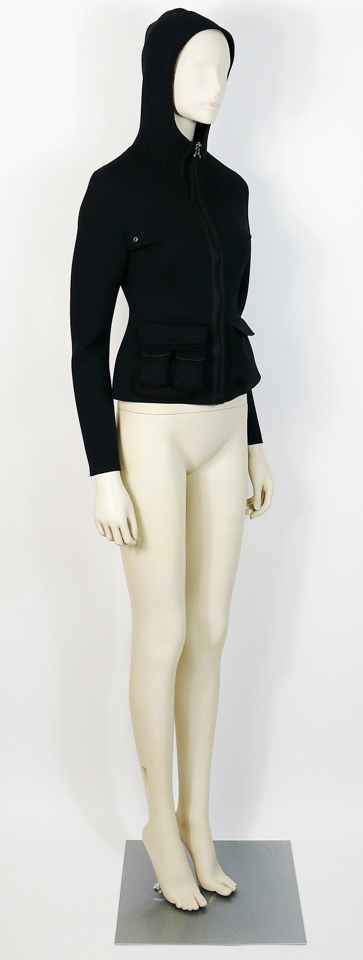 JEAN PAUL GAULTIER vintage black neoprene multi pocket hooded jacket.

Front zipper closure.
Pockets with velcro closure.
Stretchy fabric.

Label reads JPG JEAN'S.
Collection 0002.
Made in Italy.

Size tag reads S.
Please refer to