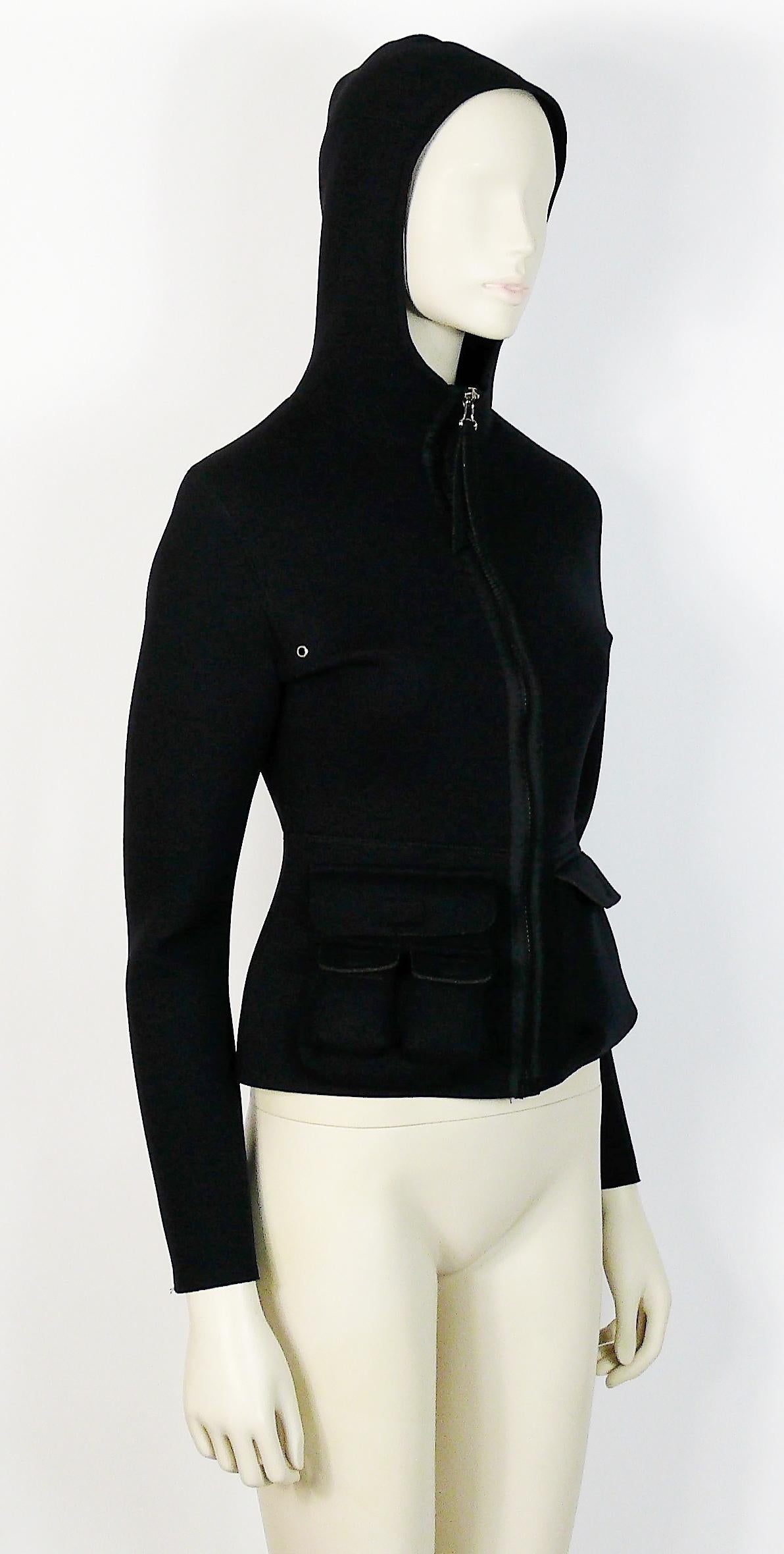 Jean Paul Gaultier Vintage Black Neoprene Multi Pocket Hooded Jacket Size S In Excellent Condition For Sale In Nice, FR