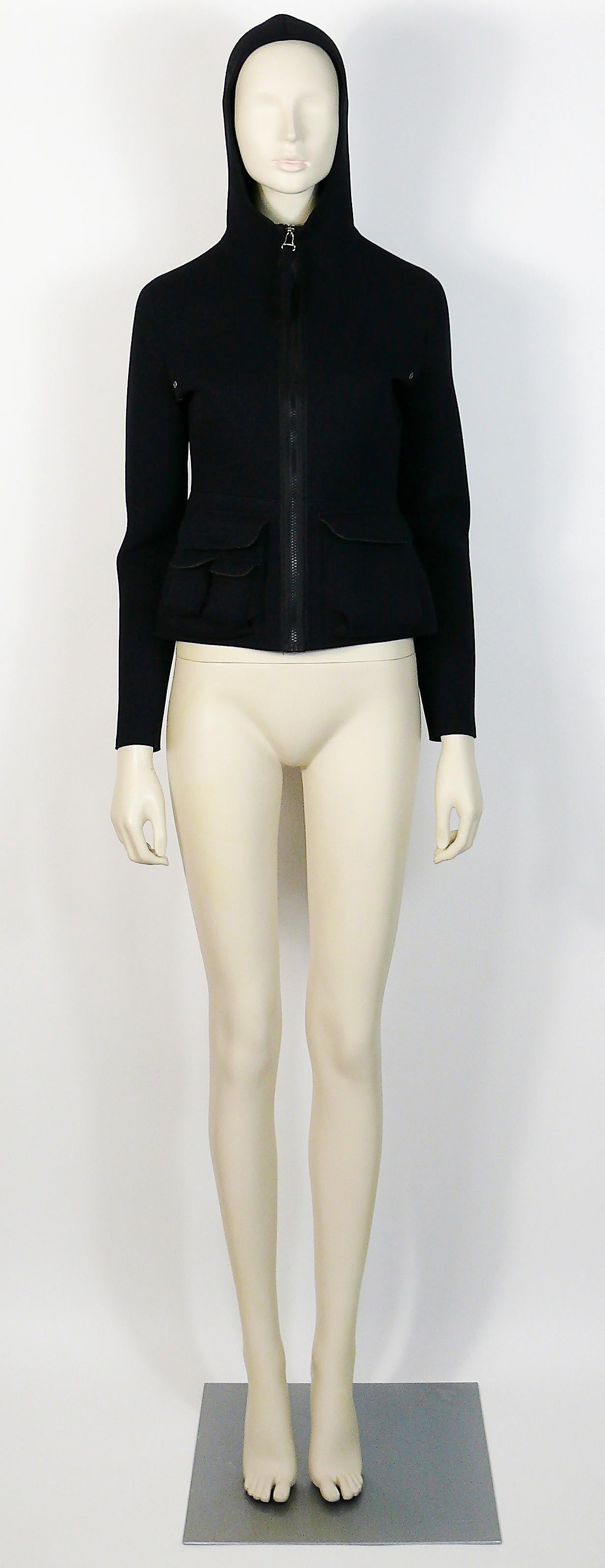 Women's or Men's Jean Paul Gaultier Vintage Black Neoprene Multi Pocket Hooded Jacket Size S For Sale