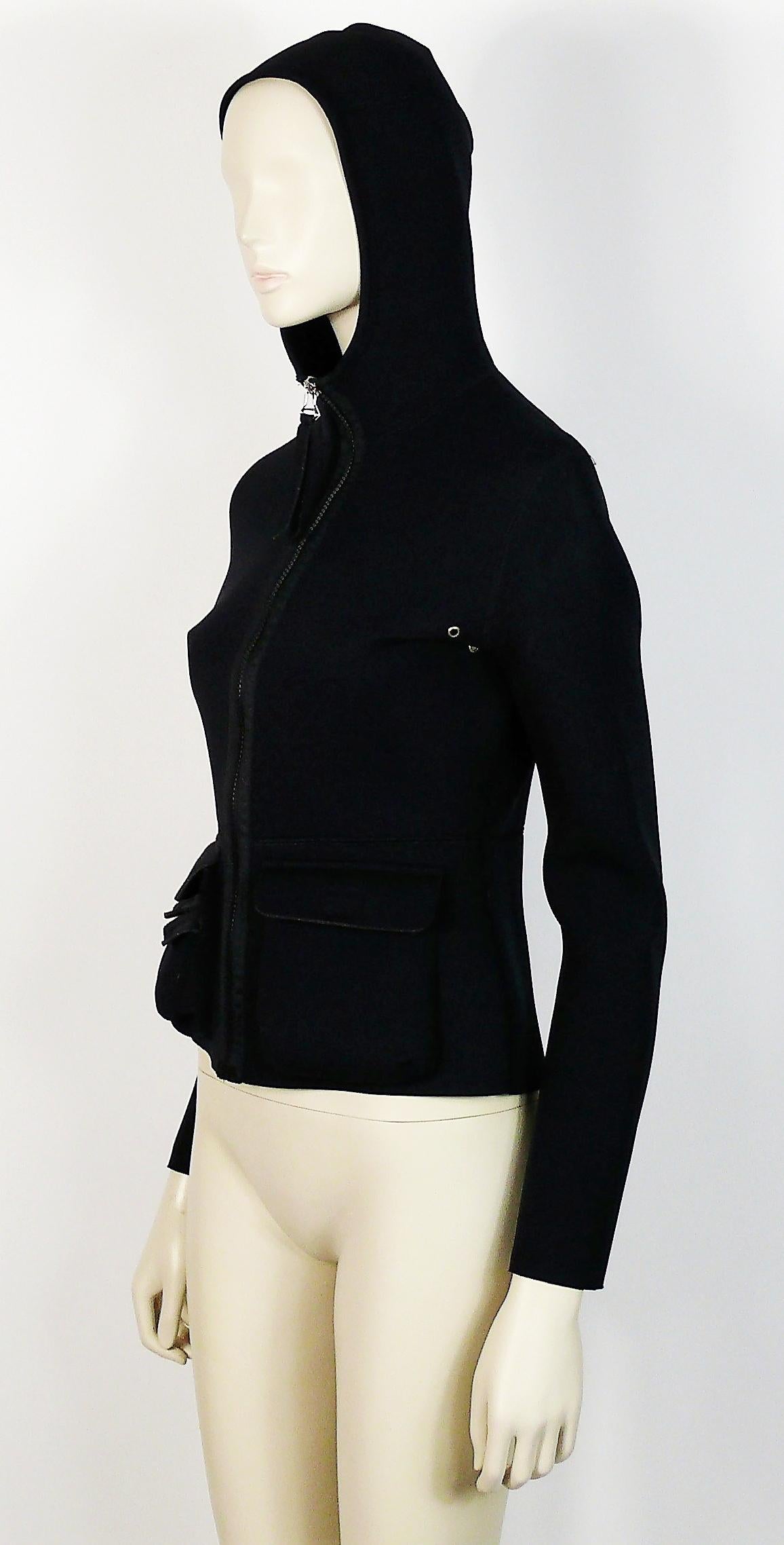 Jean Paul Gaultier Vintage Black Neoprene Multi Pocket Hooded Jacket Size S For Sale 1