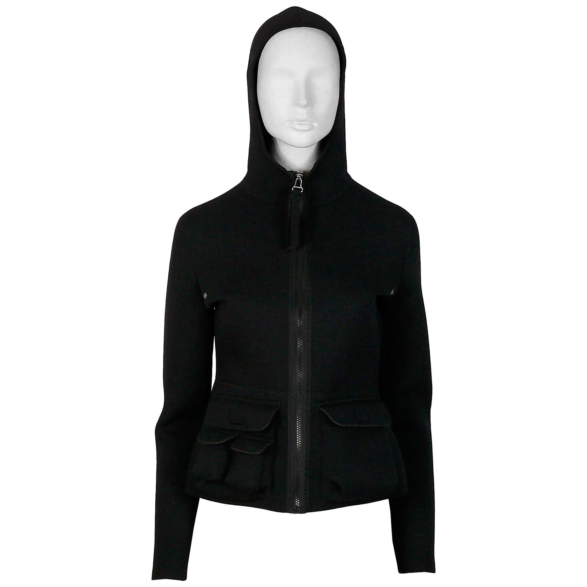 Jean Paul Gaultier Vintage Black Neoprene Multi Pocket Hooded Jacket Size S For Sale